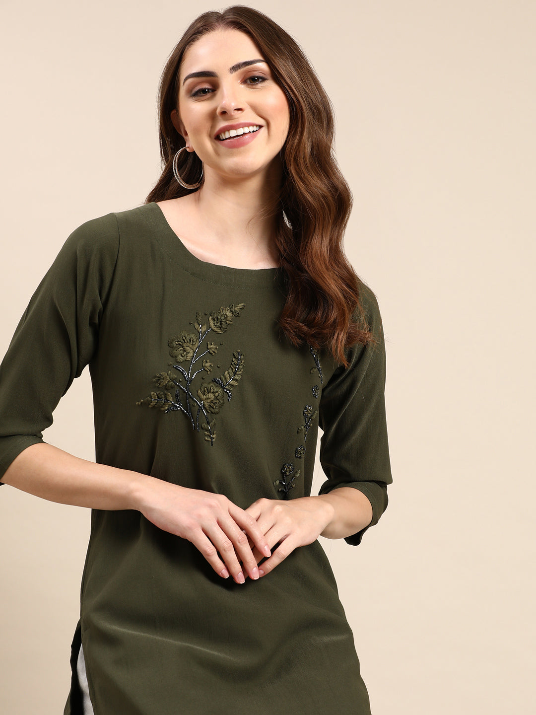 Women's Olive Embroidered Straight Kurta