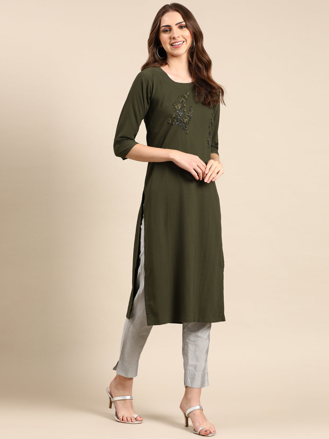 Women's Olive Embroidered Straight Kurta