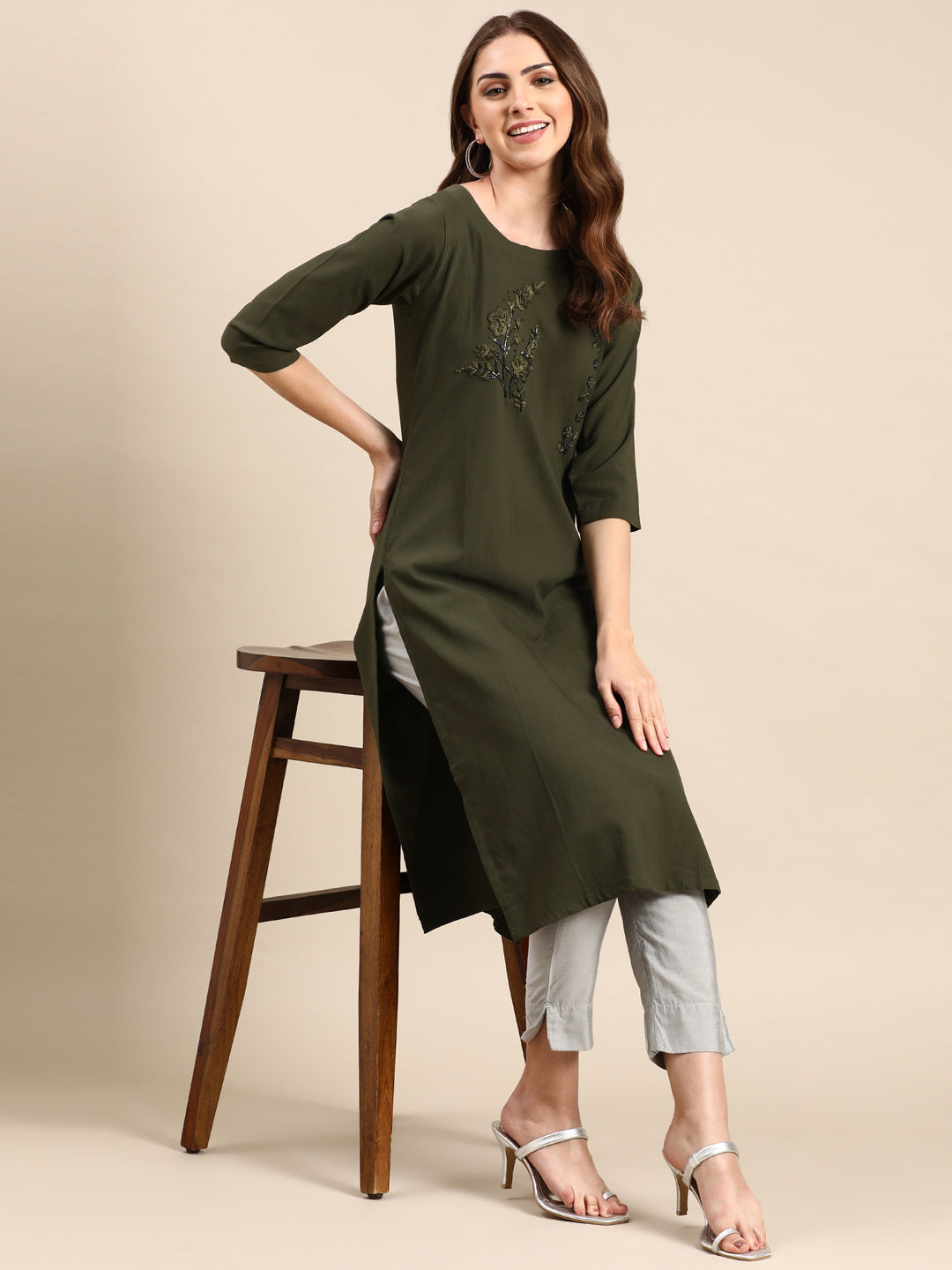 Women's Olive Embroidered Straight Kurta