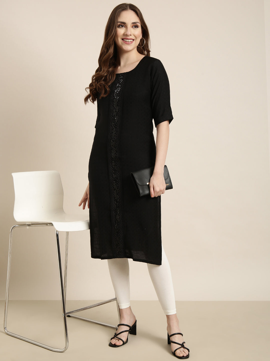 Women Straight Black Solid Kurta