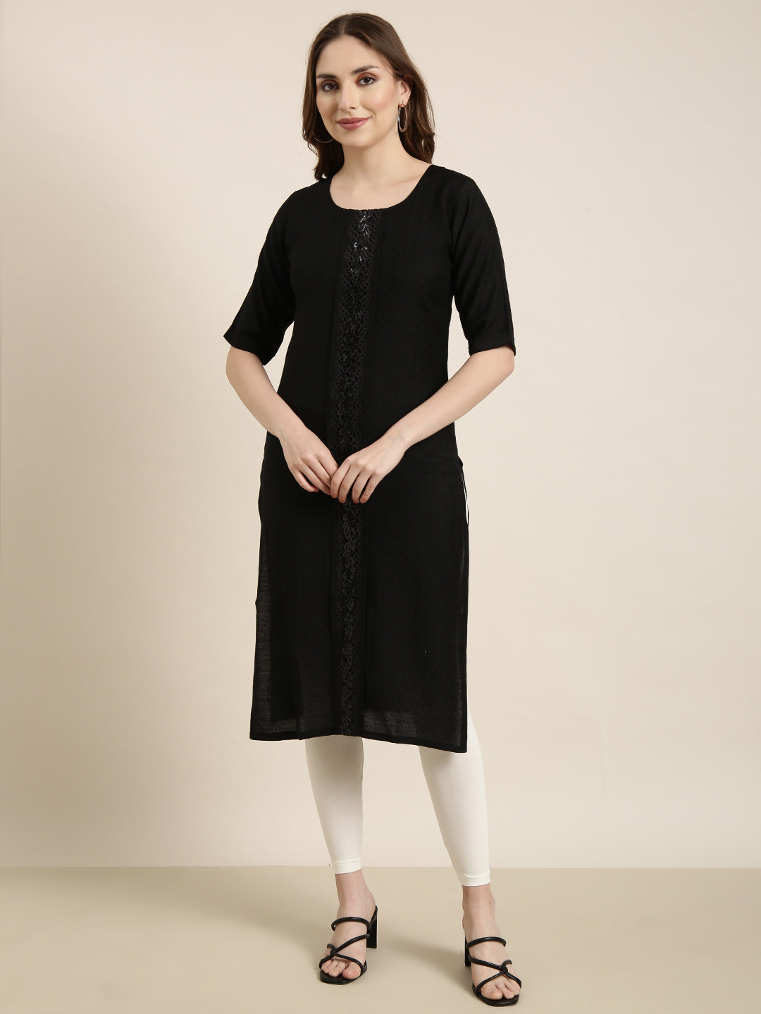 Women Straight Black Solid Kurta