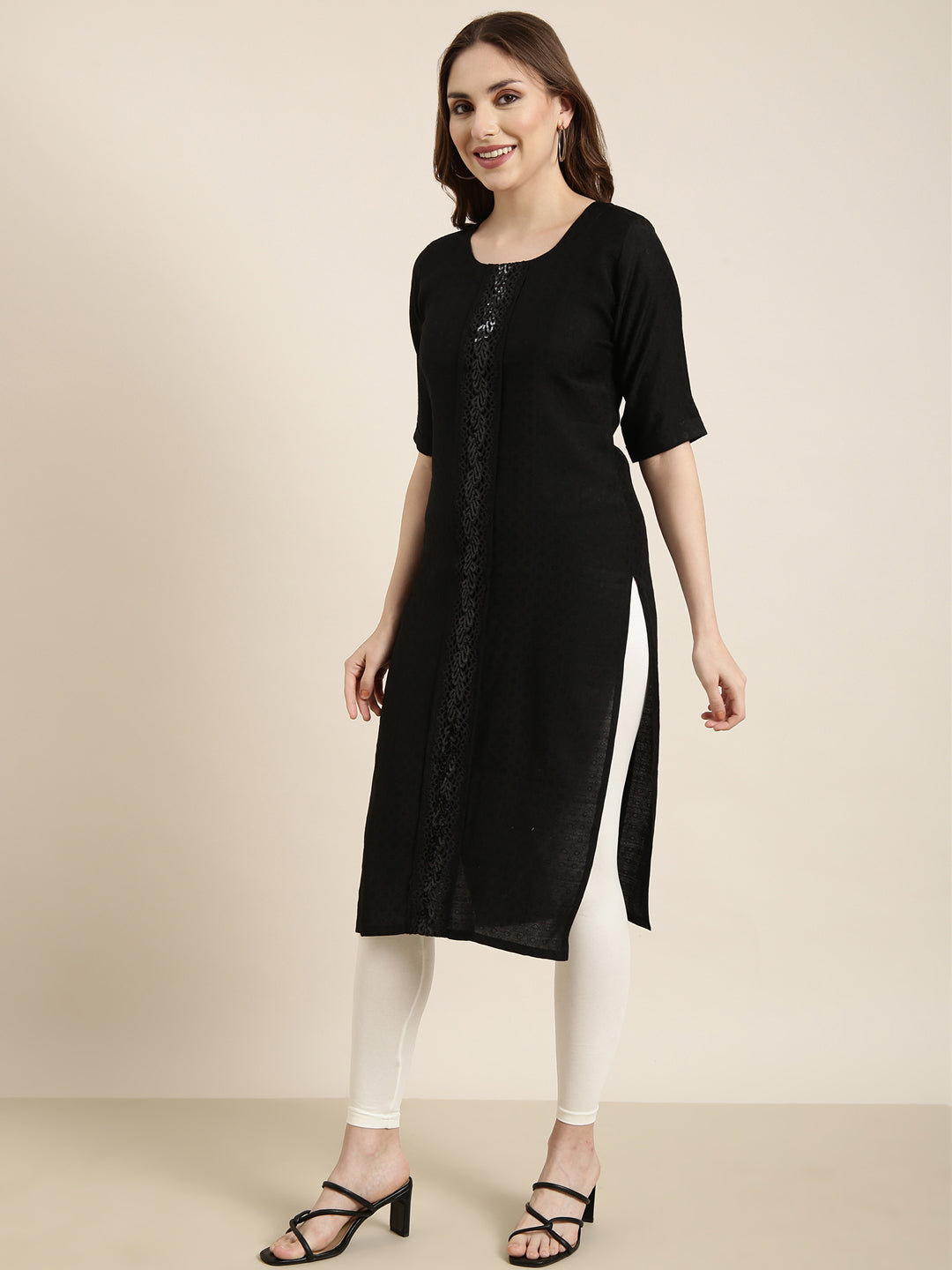 Women Straight Black Solid Kurta