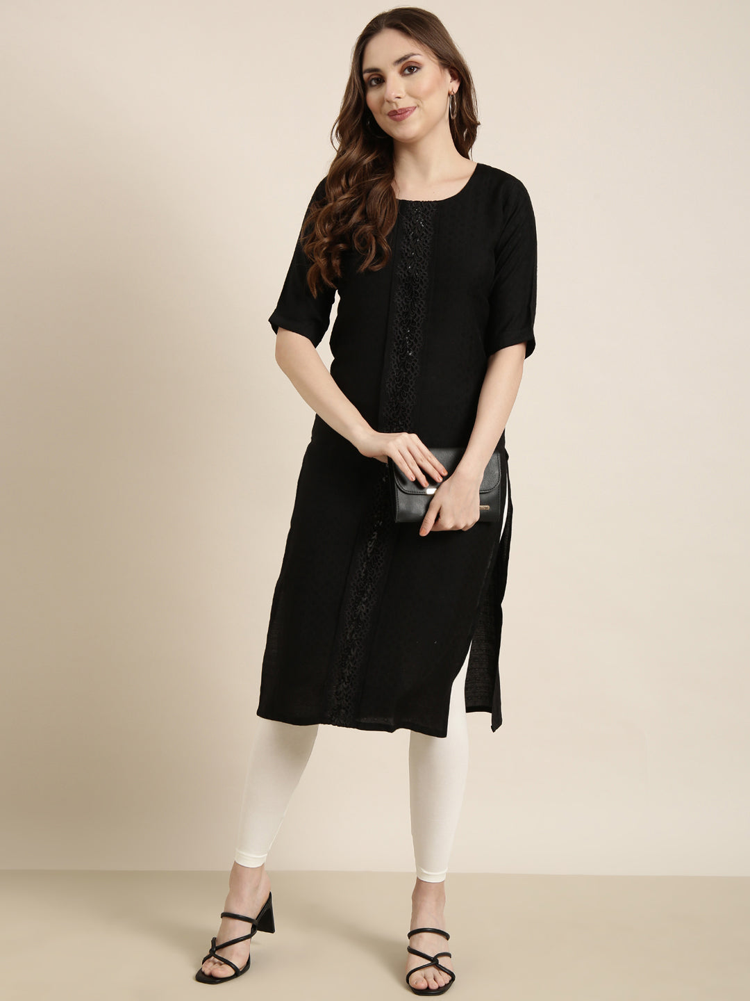 Women Straight Black Solid Kurta