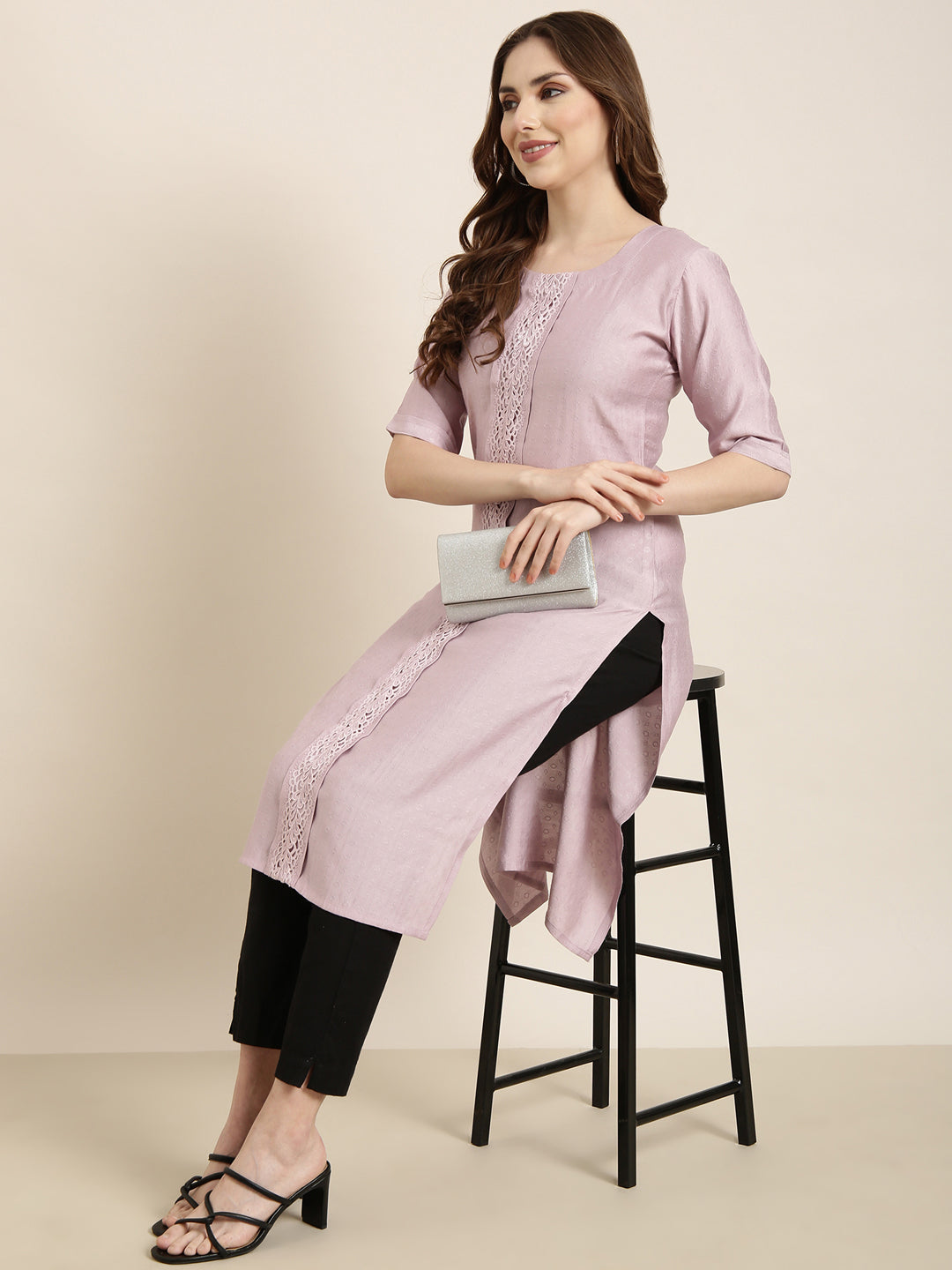 Women Straight Lavender Solid Kurta