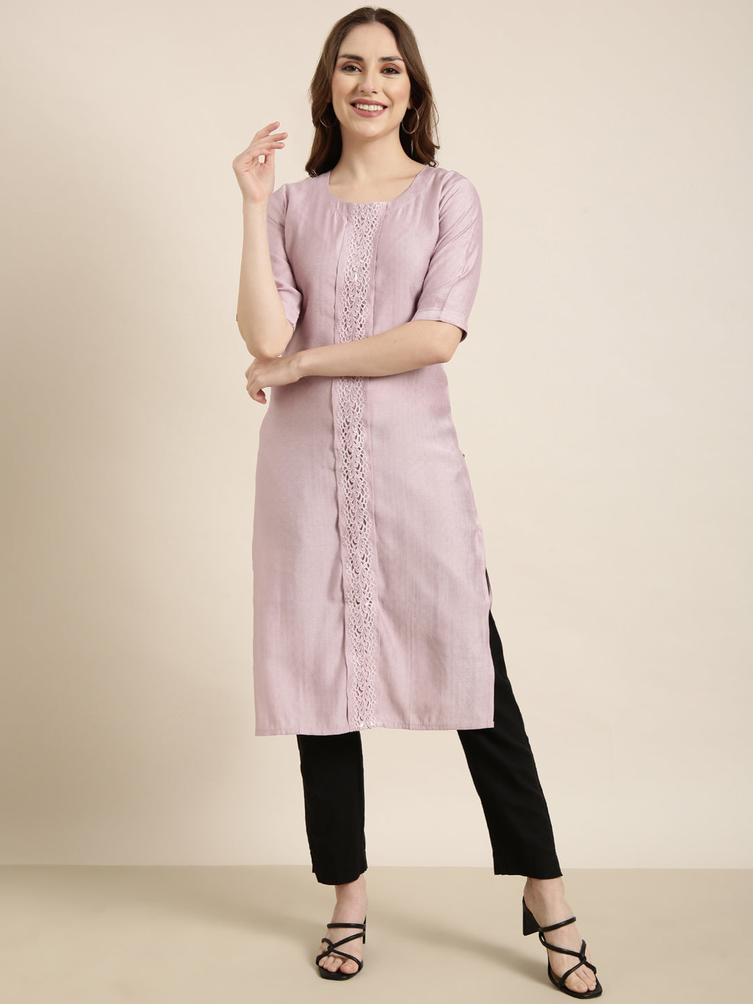 Women Straight Lavender Solid Kurta