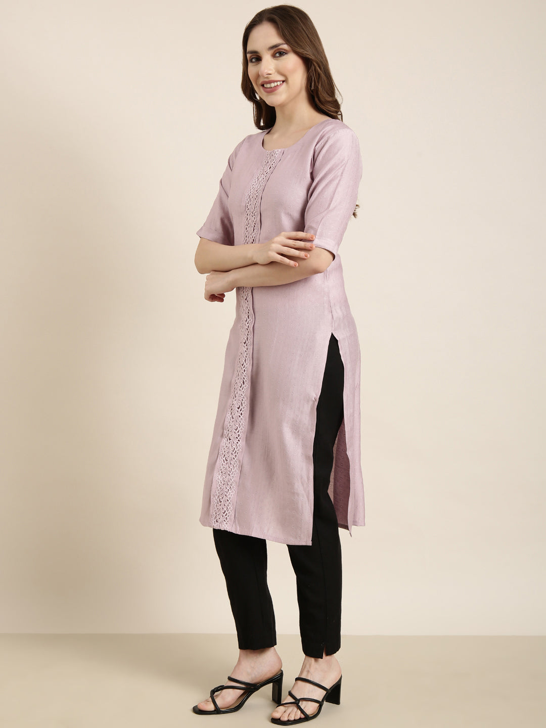 Women Straight Lavender Solid Kurta