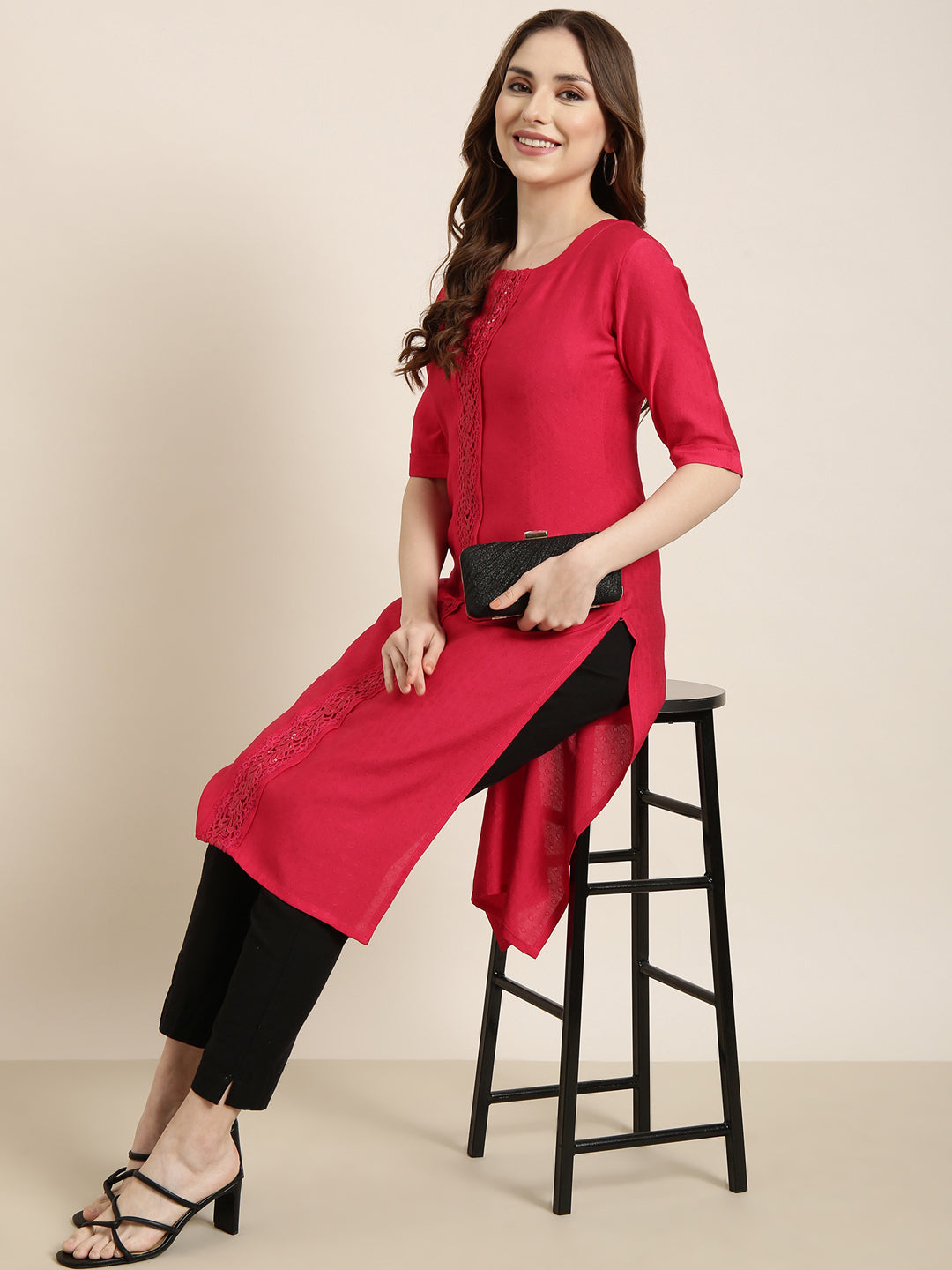 Women Straight Pink Solid Kurta