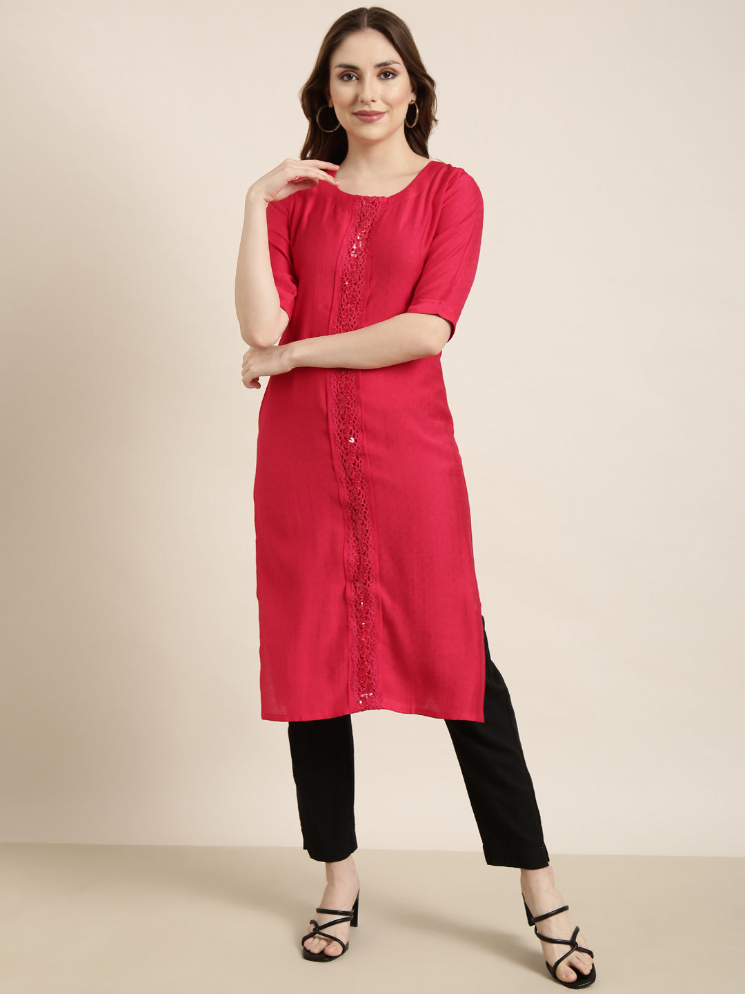 Women Straight Pink Solid Kurta