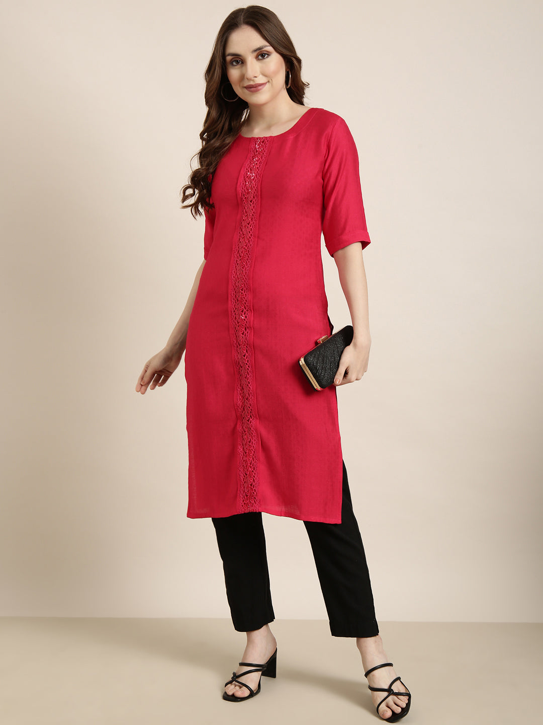 Women Straight Pink Solid Kurta