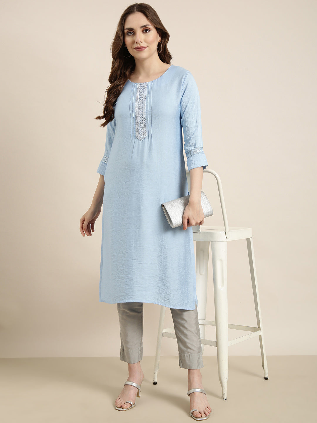 Women Straight Blue Solid Kurta