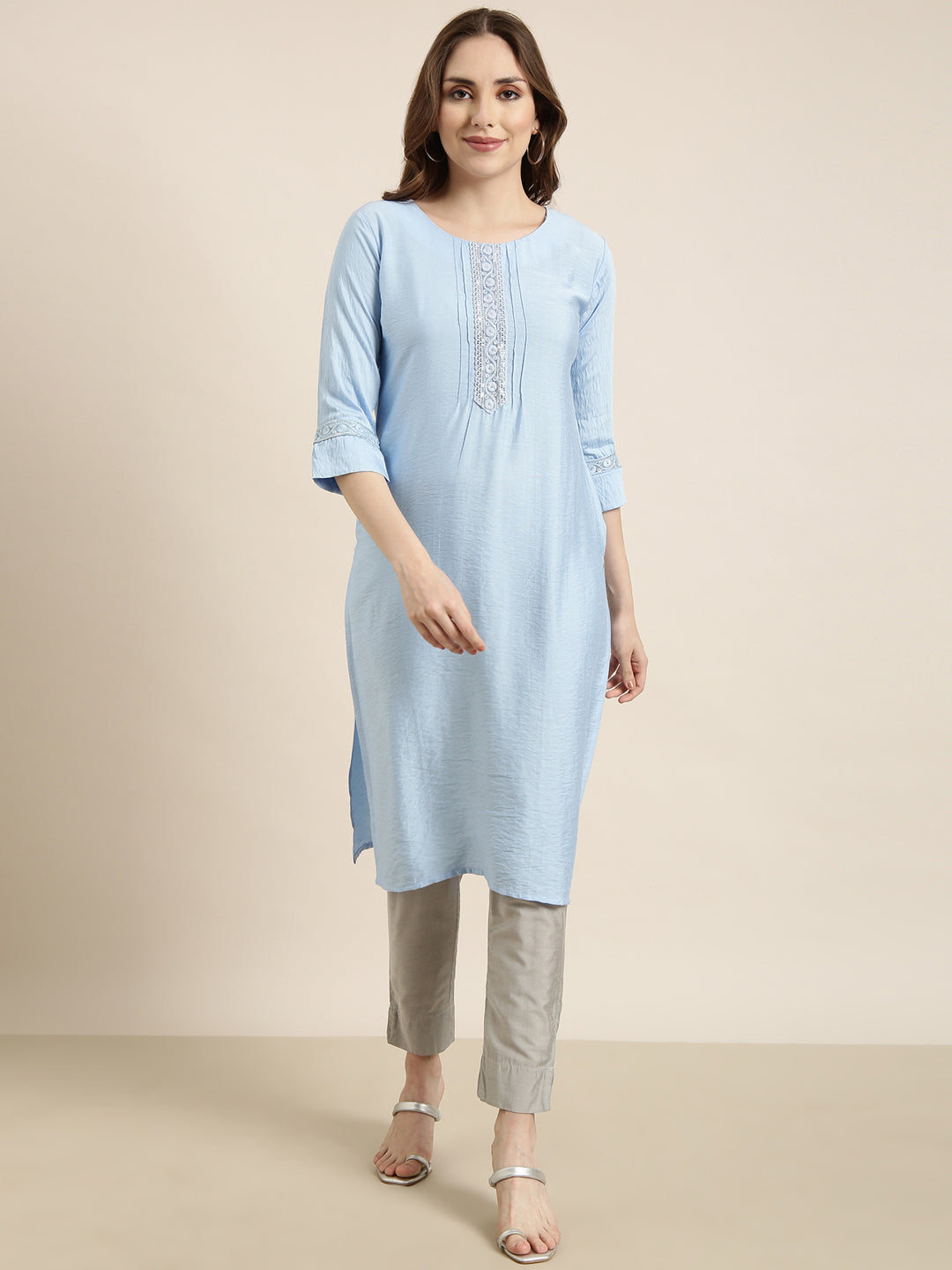 Women Straight Blue Solid Kurta