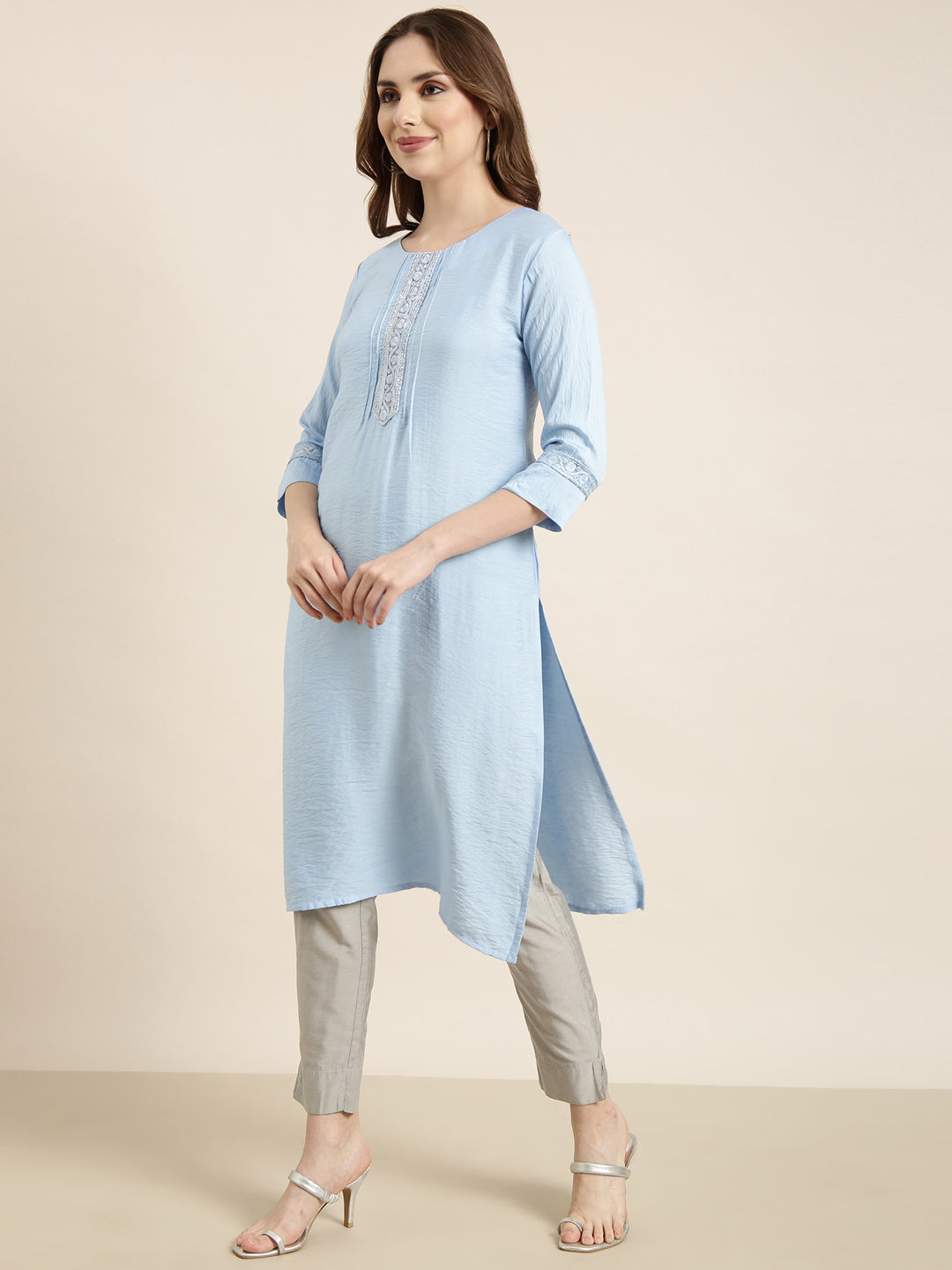 Women Straight Blue Solid Kurta