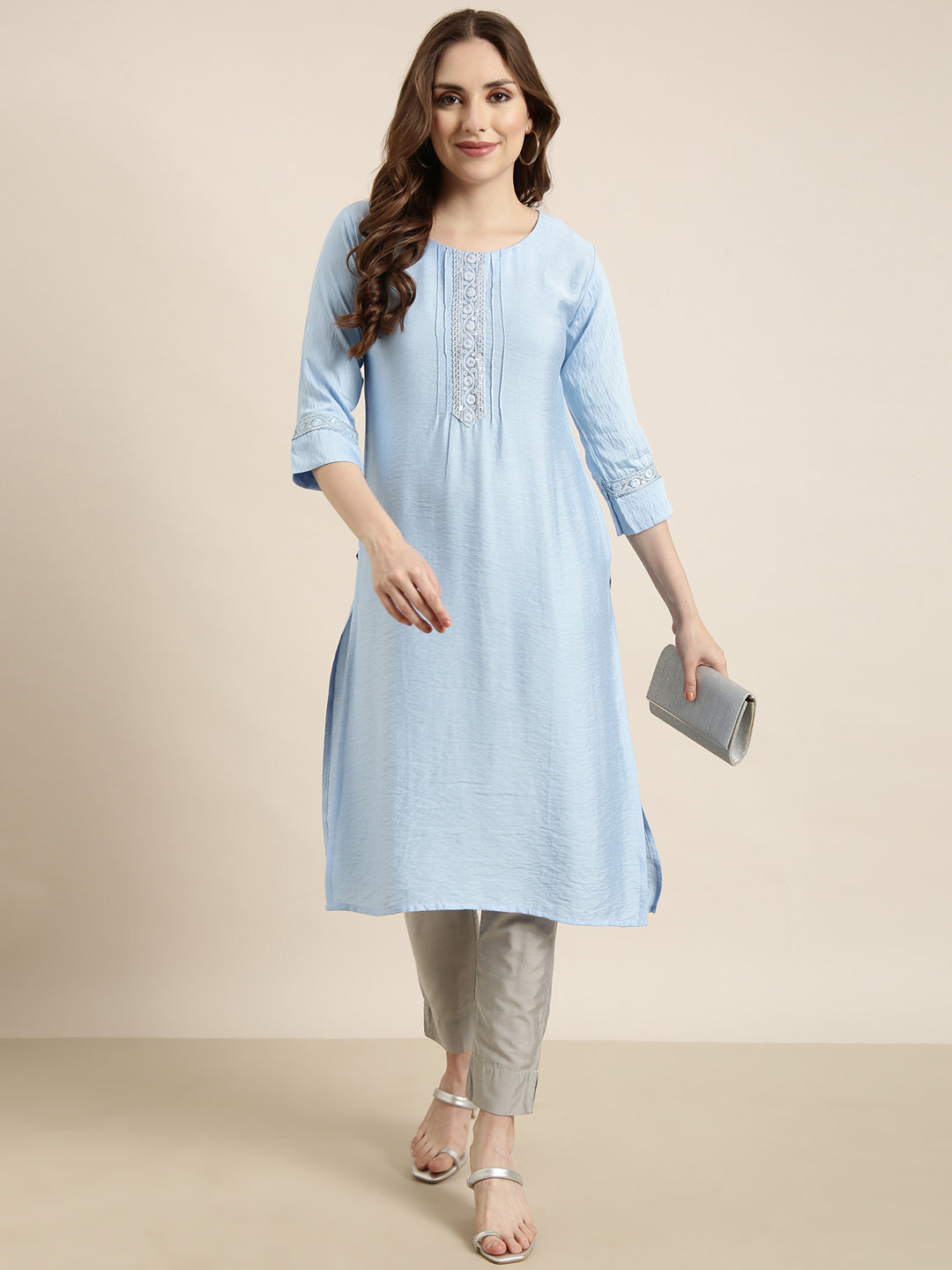 Women Straight Blue Solid Kurta