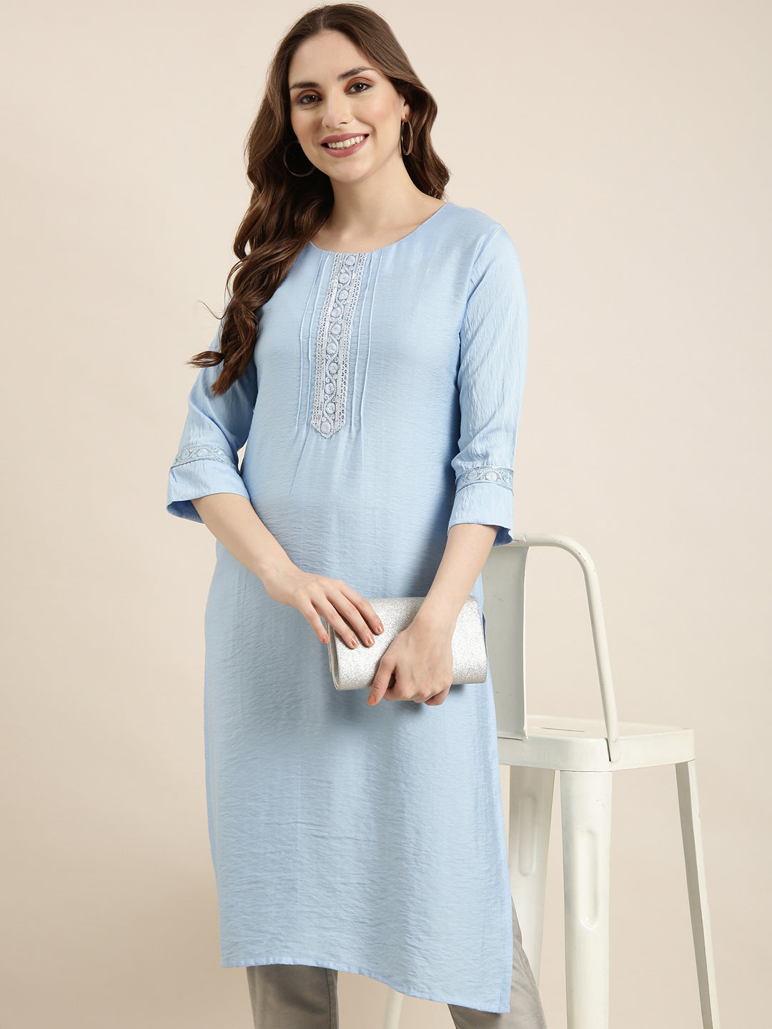 Women Straight Blue Solid Kurta