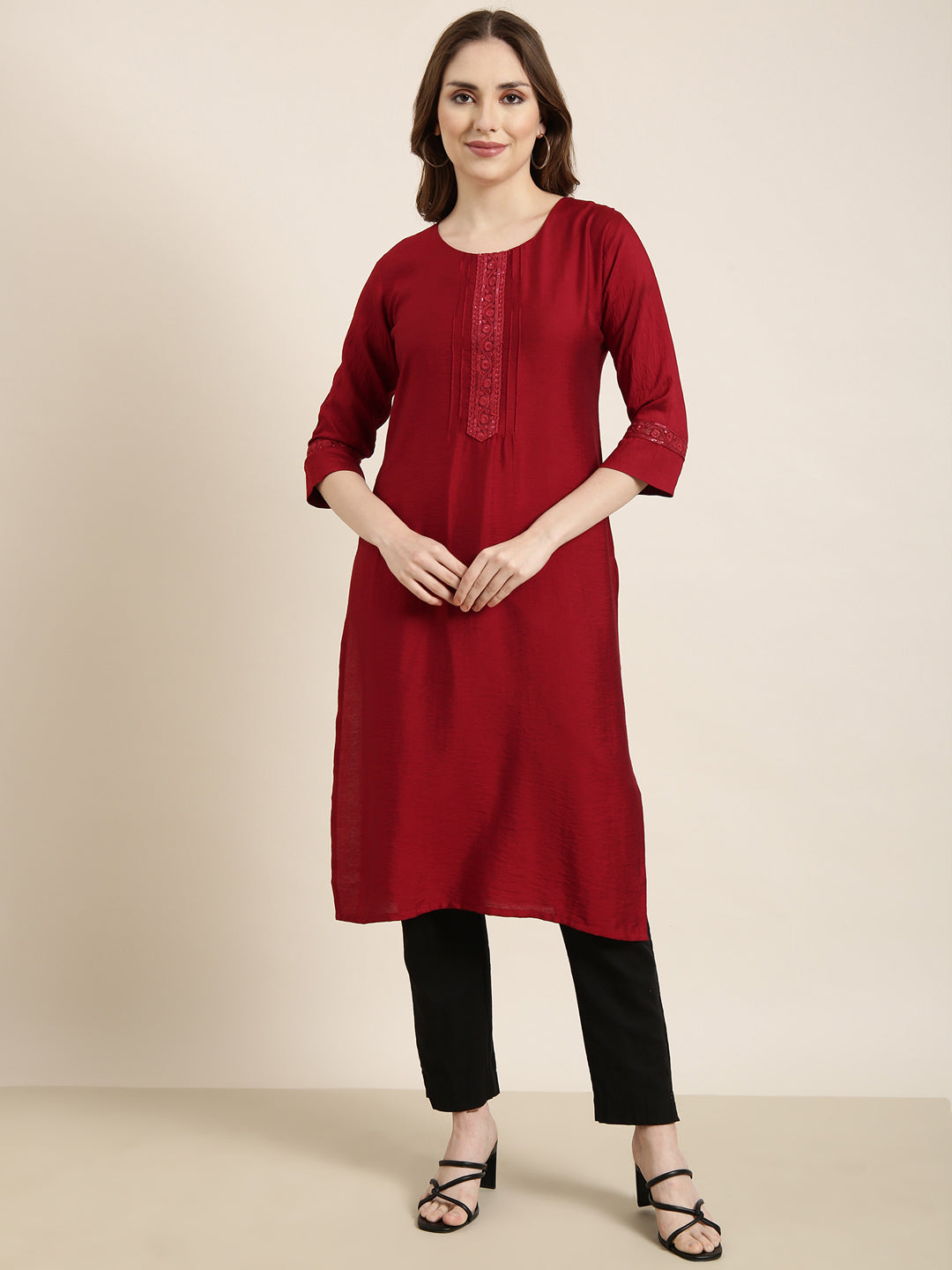 Women Straight Maroon Solid Kurta