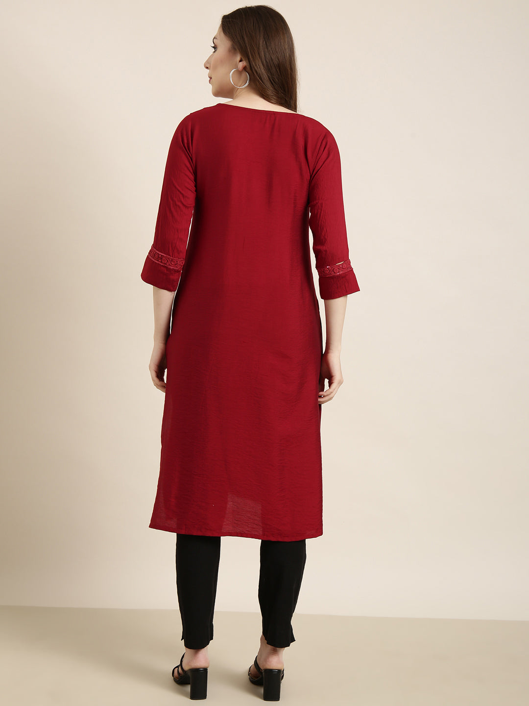 Women Straight Maroon Solid Kurta