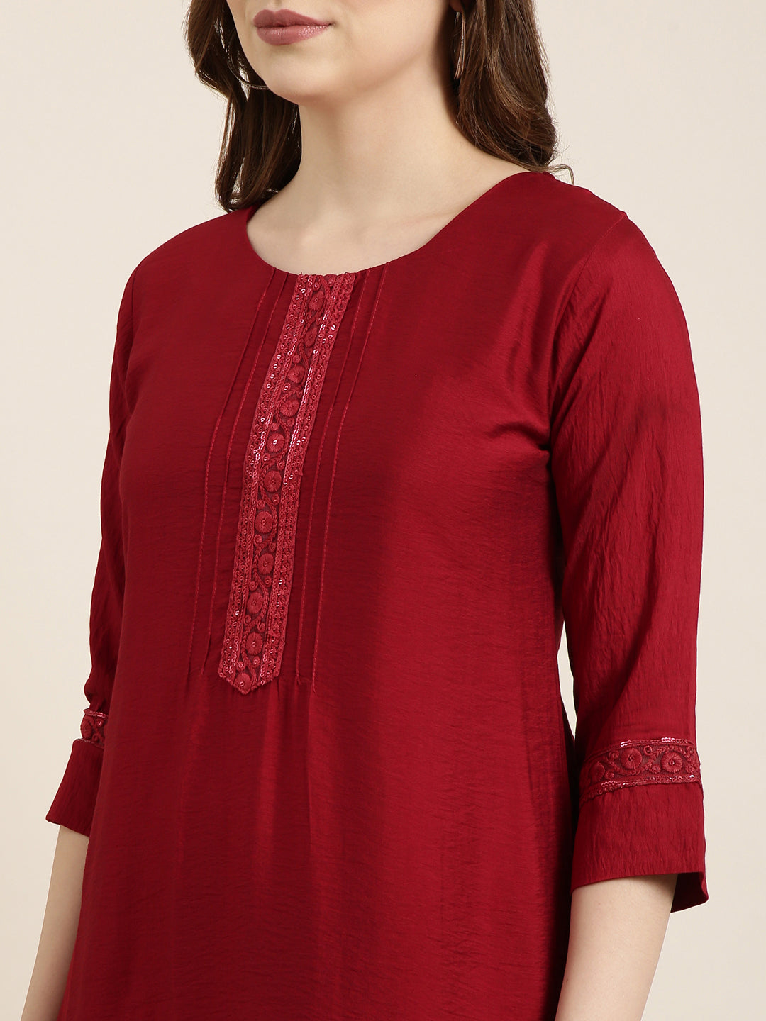 Women Straight Maroon Solid Kurta