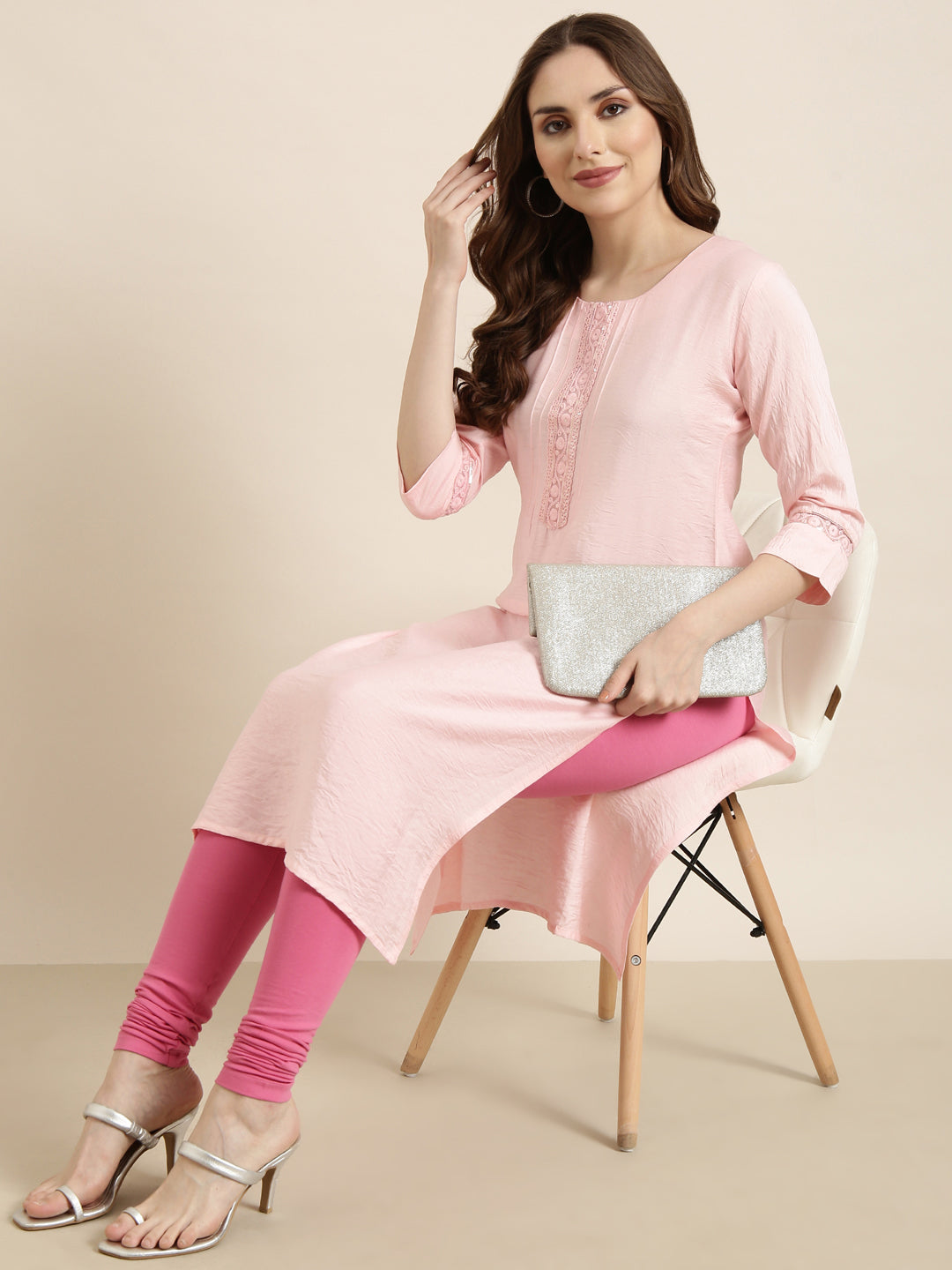 Women Straight Pink Solid Kurta