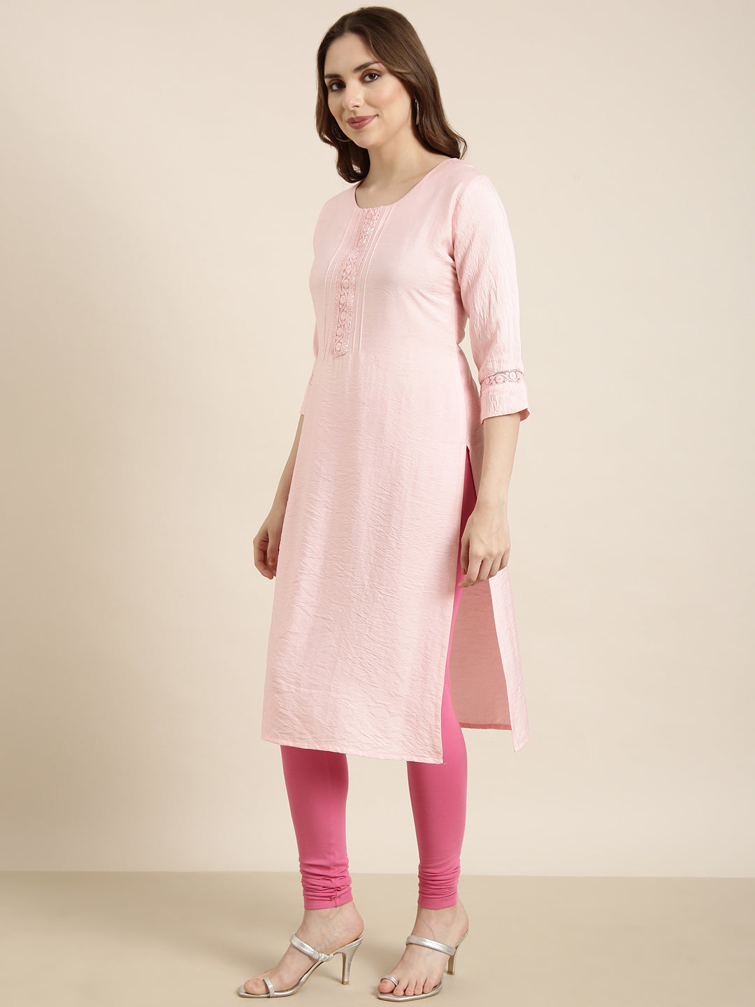 Women Straight Pink Solid Kurta