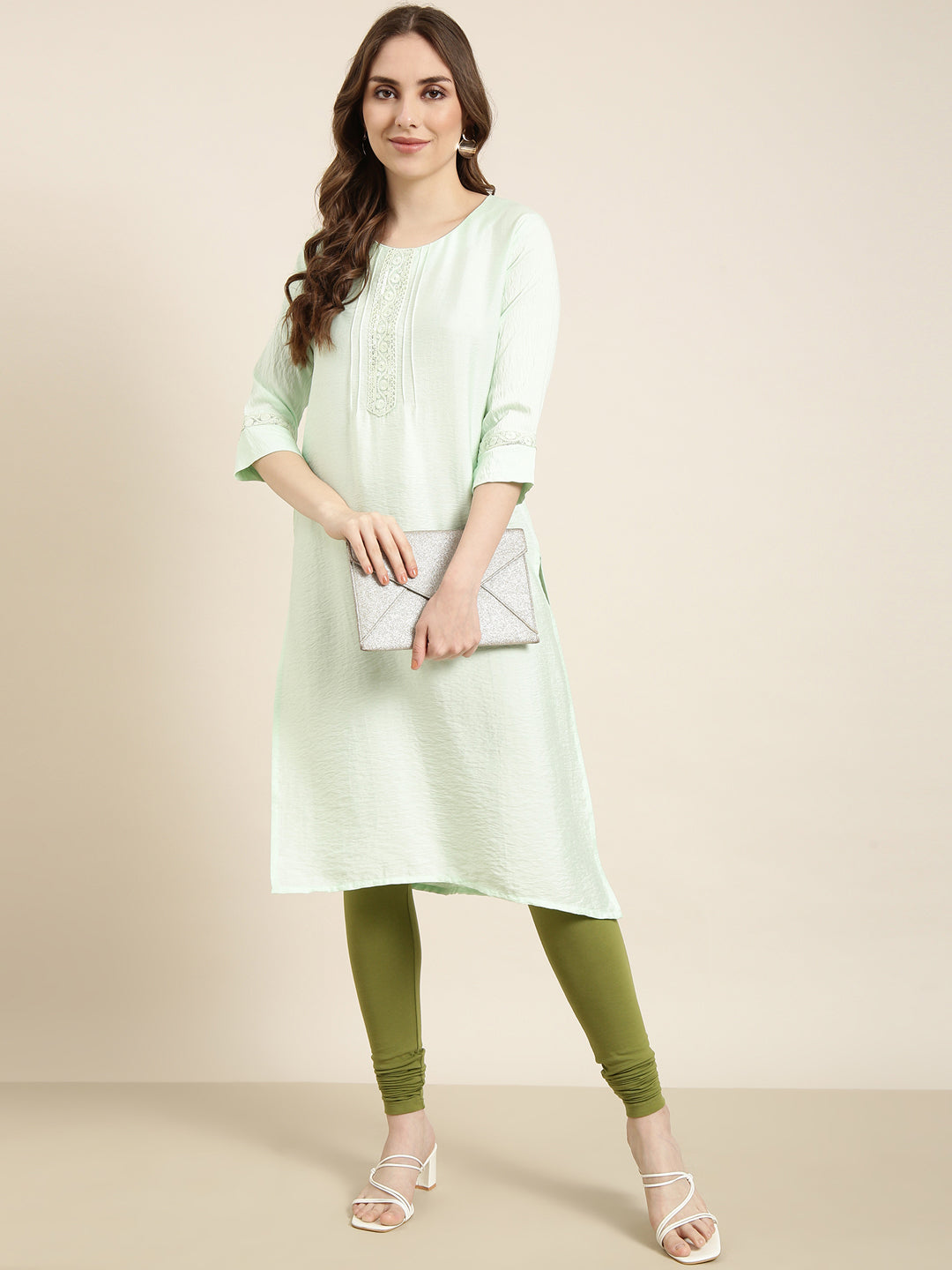 Women Straight Sea Green Solid Kurta