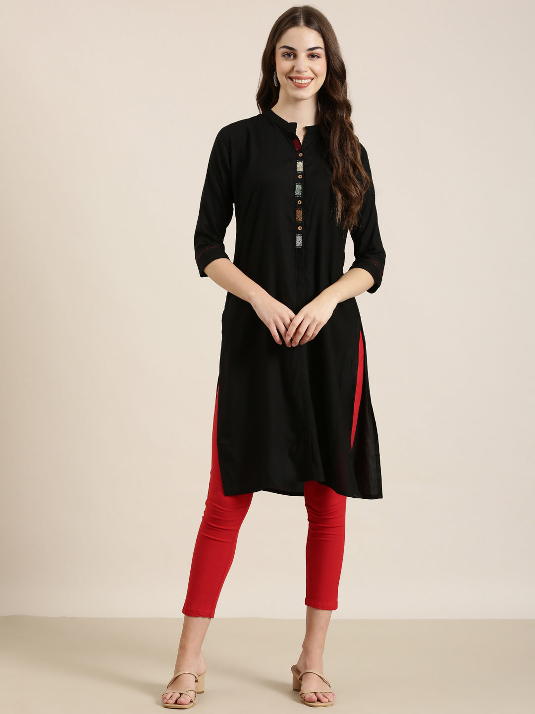 Women Black Solid Straight Kurta