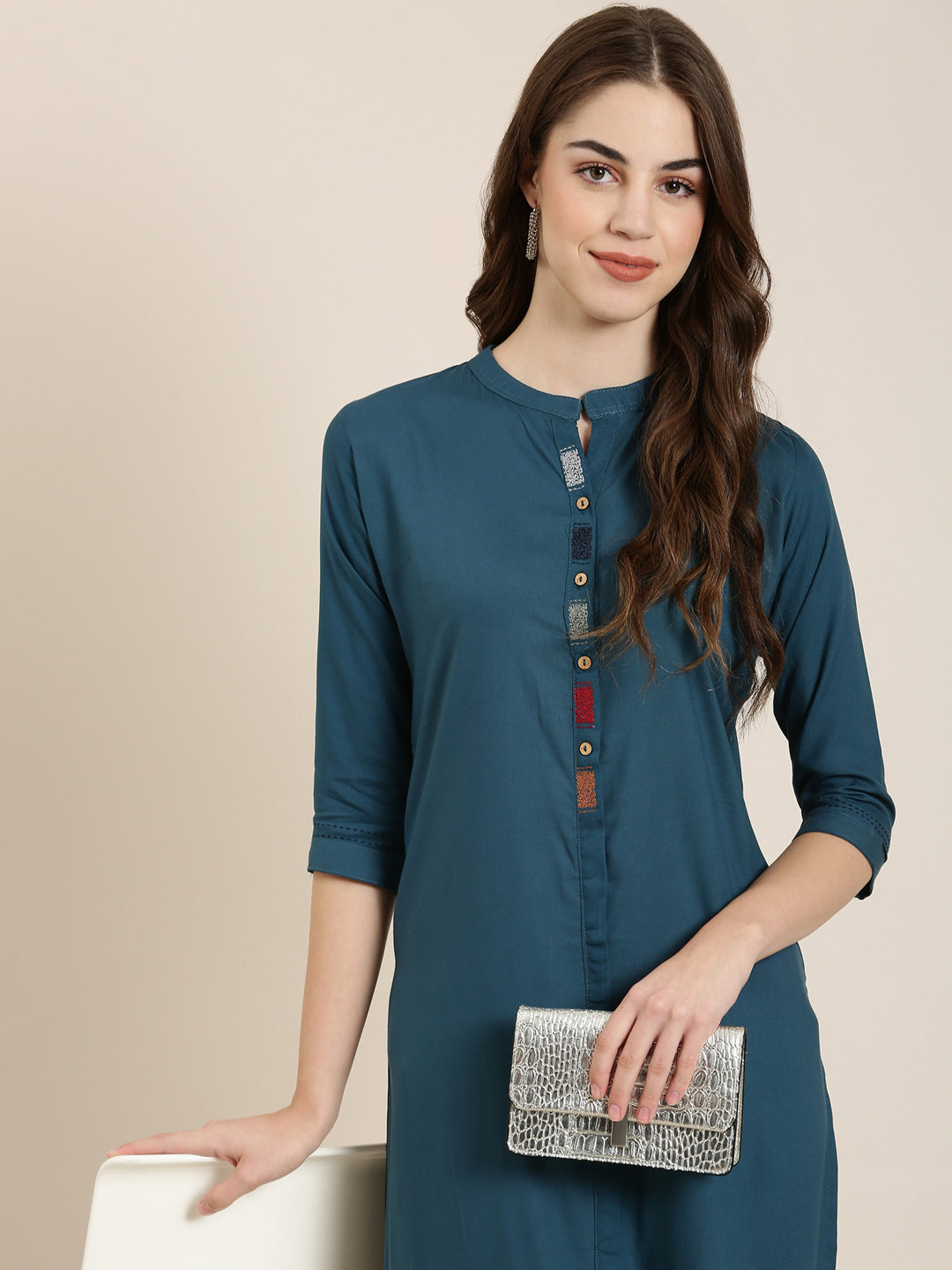 Women Teal Solid Straight Kurta