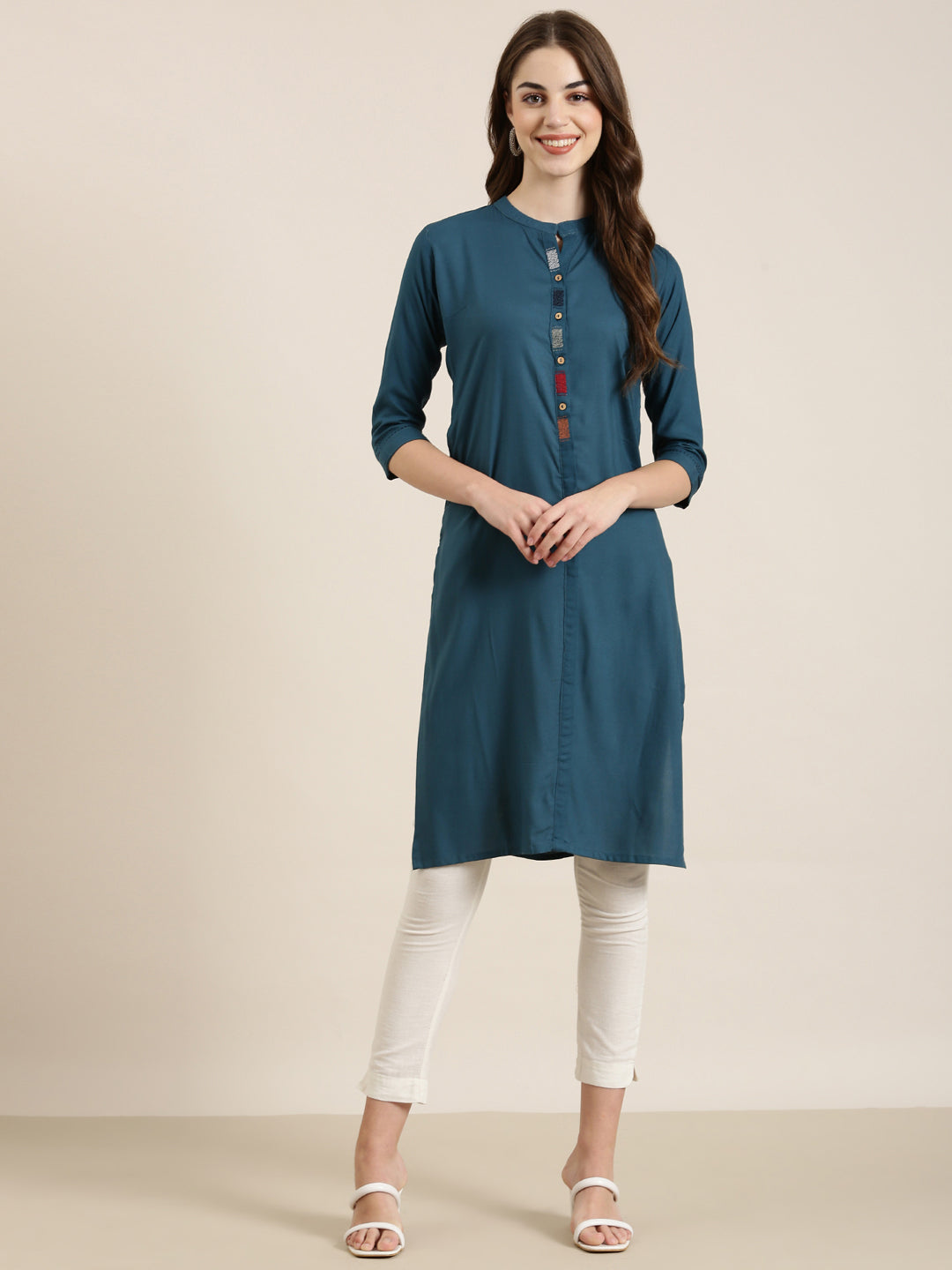 Women Teal Solid Straight Kurta