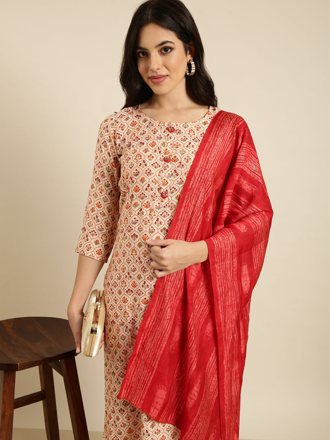 Women Straight Beige Floral Kurta and Trousers Set Comes With Dupatta