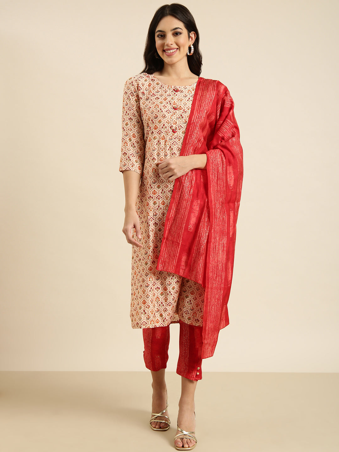 Women Straight Beige Floral Kurta and Trousers Set Comes With Dupatta