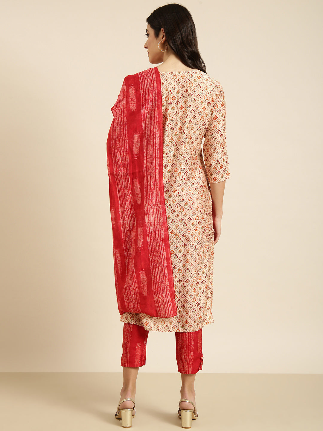 Women Straight Beige Floral Kurta and Trousers Set Comes With Dupatta