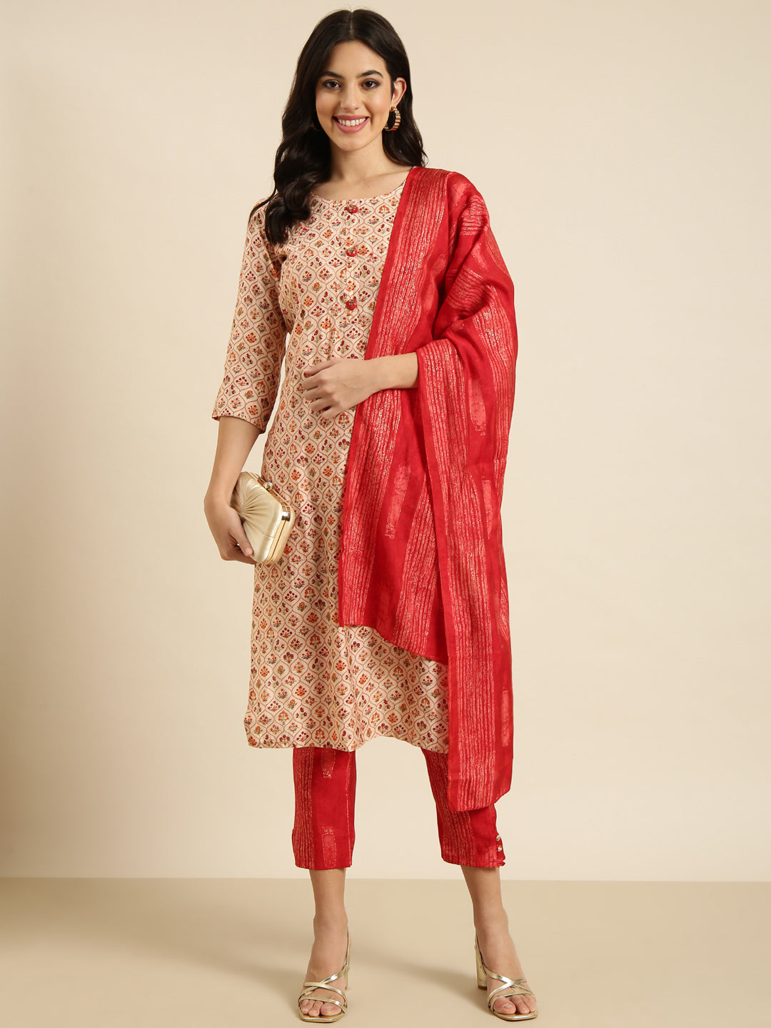 Women Straight Beige Floral Kurta and Trousers Set Comes With Dupatta