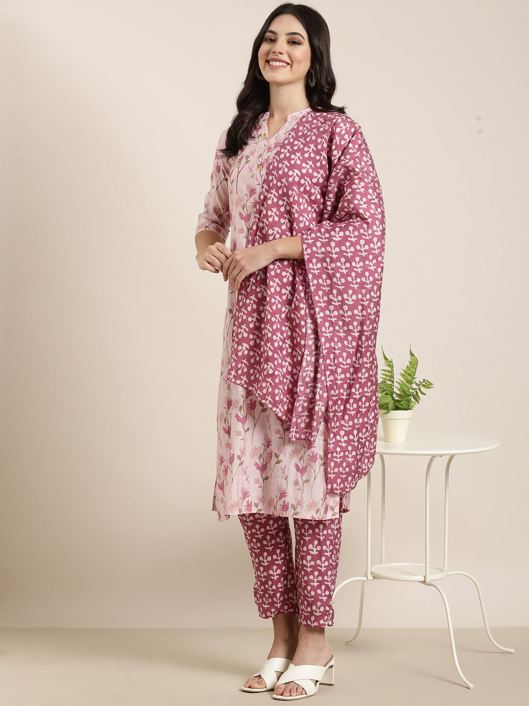 Women Straight Pink Floral Kurta and Trousers Set Comes With Dupatta