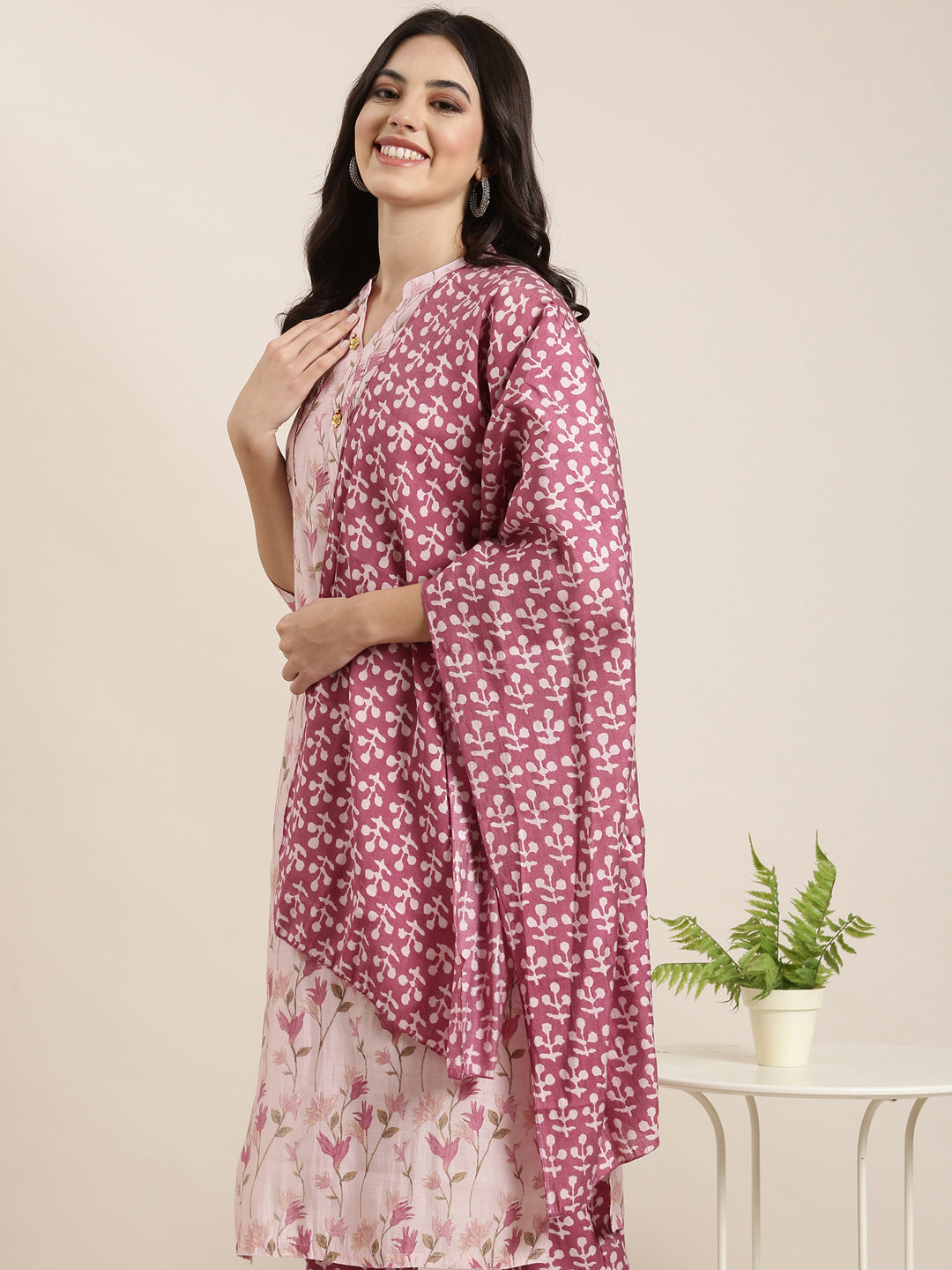 Women Straight Pink Floral Kurta and Trousers Set Comes With Dupatta