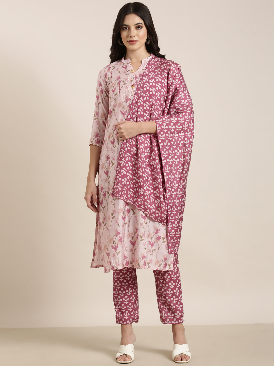 Women Straight Pink Floral Kurta and Trousers Set Comes With Dupatta