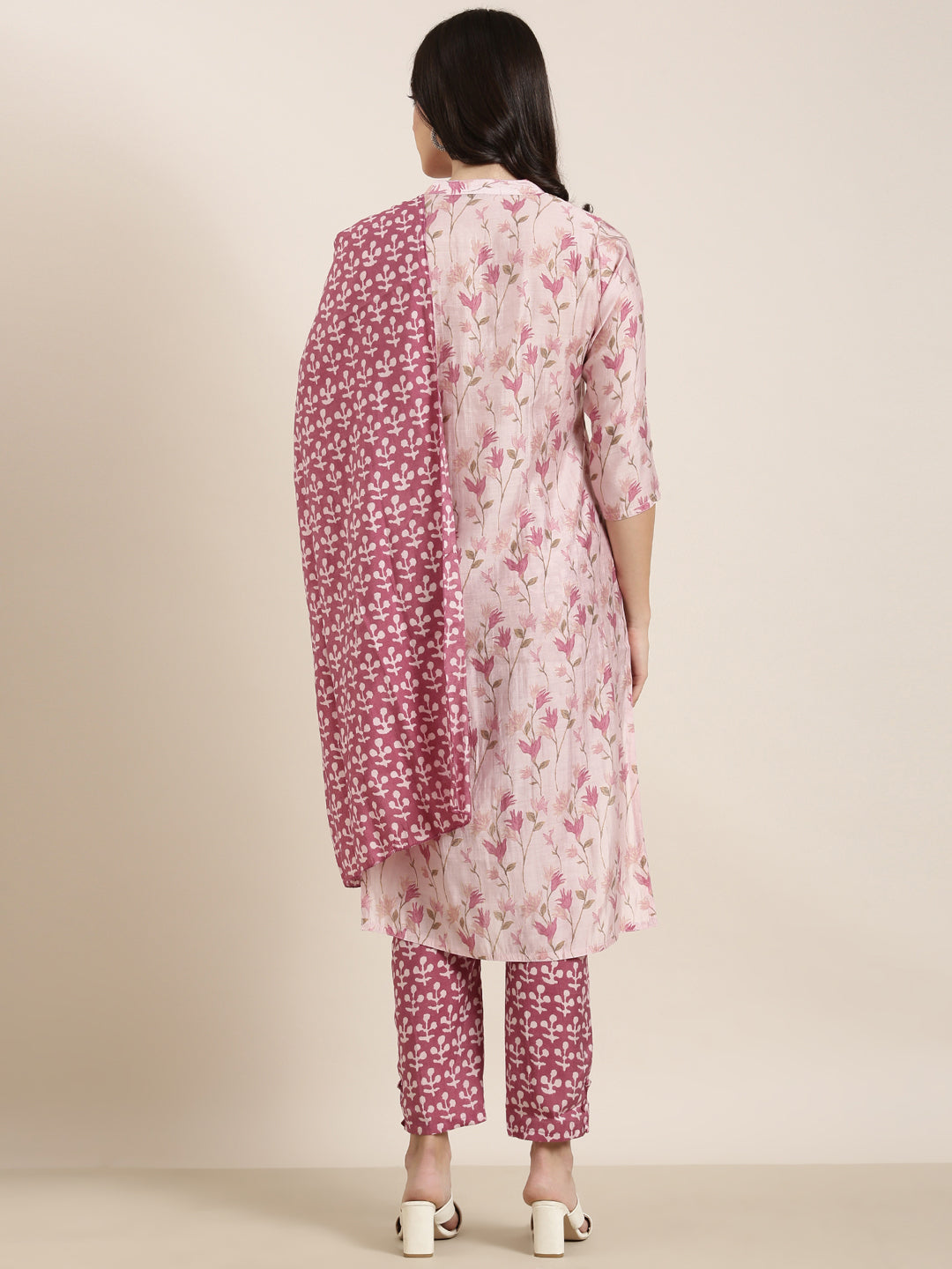 Women Straight Pink Floral Kurta and Trousers Set Comes With Dupatta