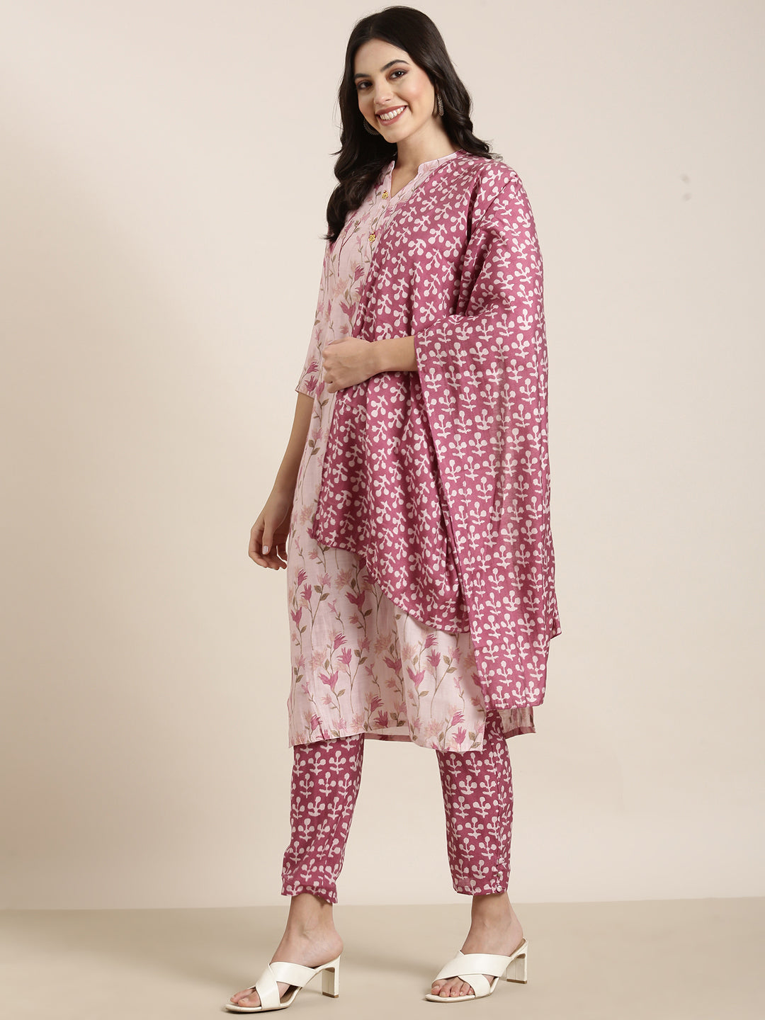 Women Straight Pink Floral Kurta and Trousers Set Comes With Dupatta