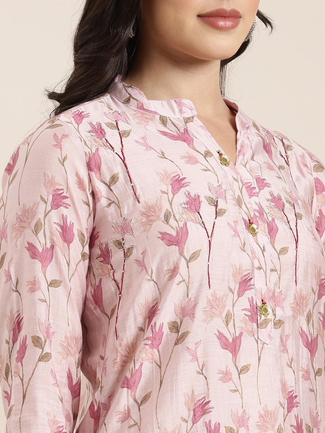 Women Straight Pink Floral Kurta and Trousers Set Comes With Dupatta