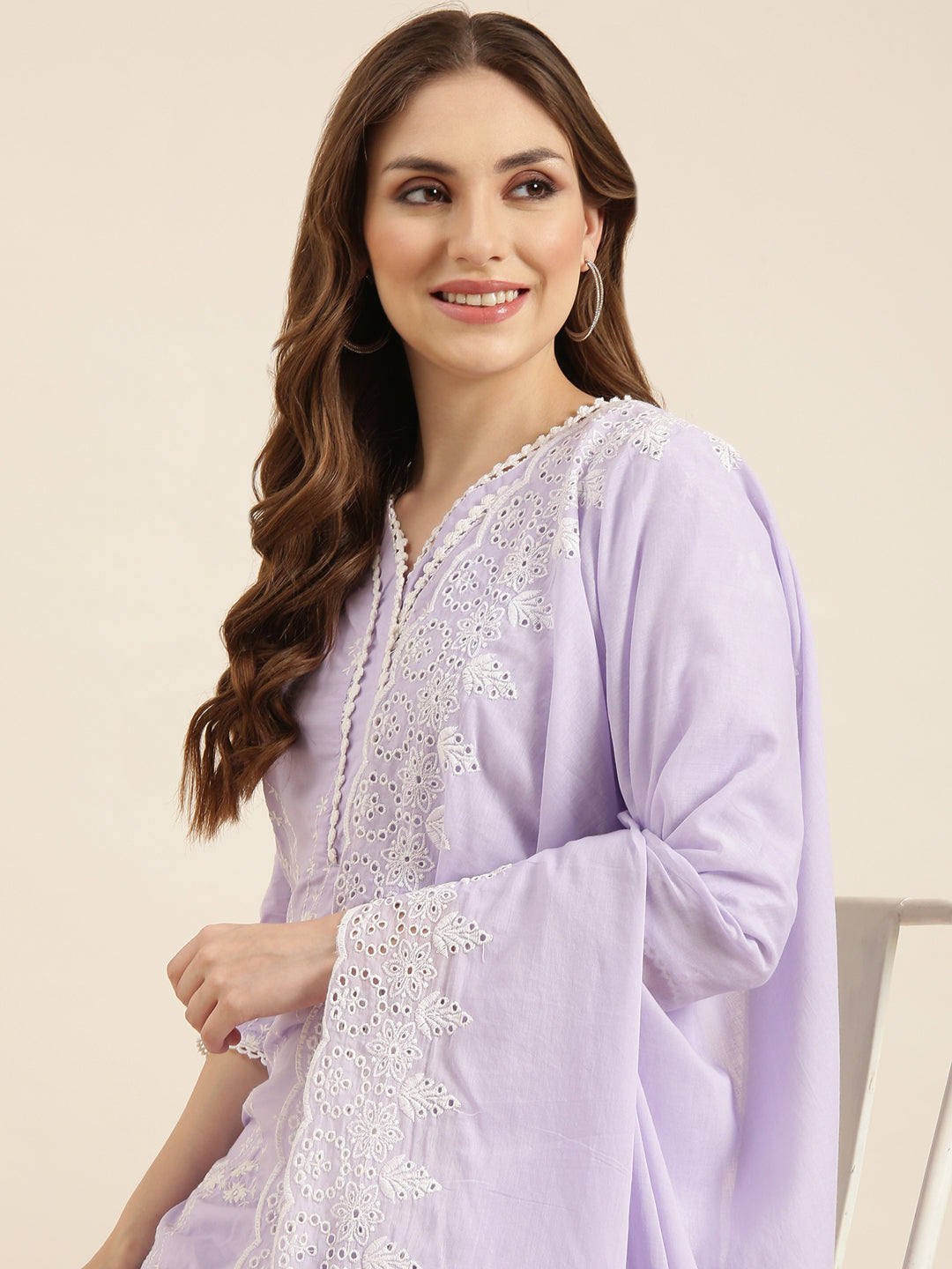 Women Straight Lavender Floral Kurta and Trousers Set Comes With Dupatta