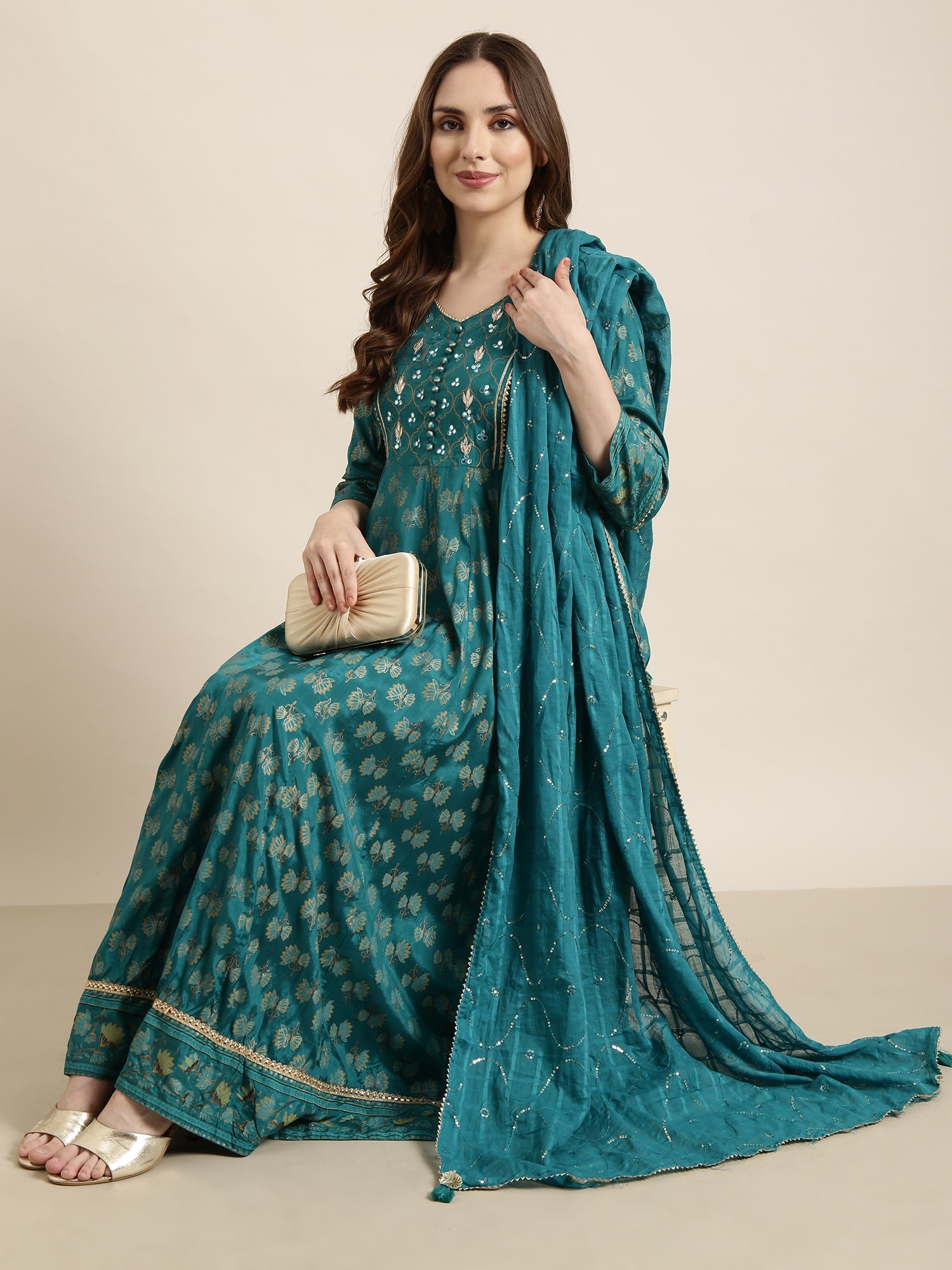 Women Anarkali Green Floral Kurta Comes with Dupatta