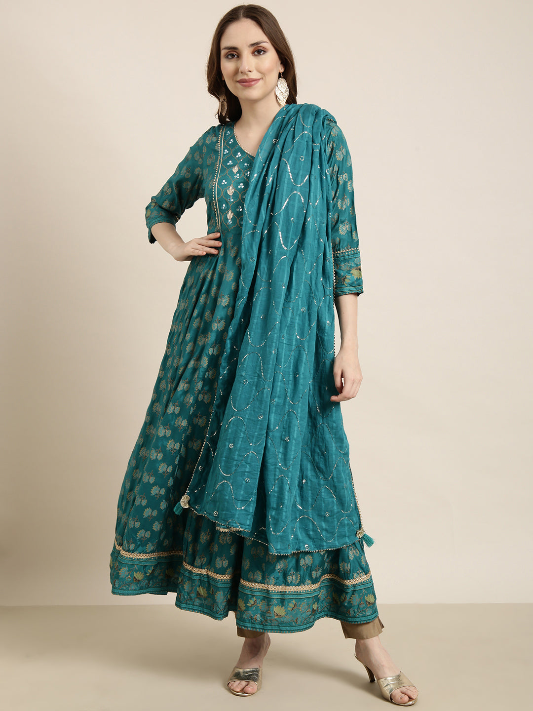 Women Anarkali Green Floral Kurta Comes with Dupatta