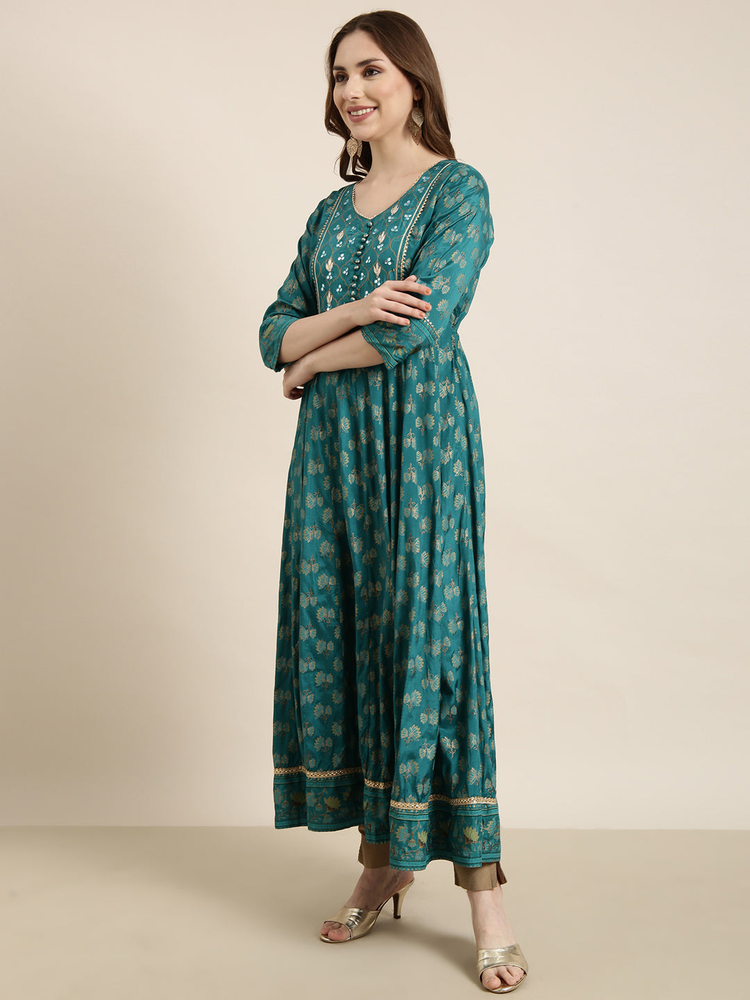 Women Anarkali Green Floral Kurta Comes with Dupatta