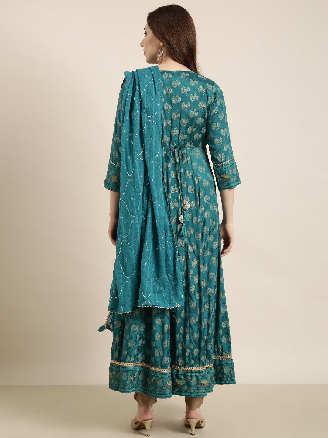 Women Anarkali Green Floral Kurta Comes with Dupatta