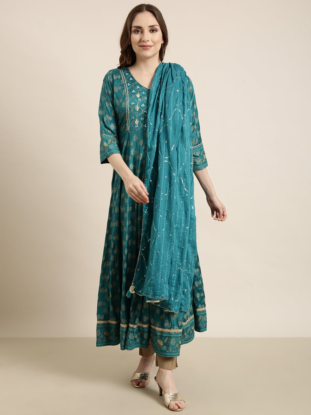 Women Anarkali Green Floral Kurta Comes with Dupatta