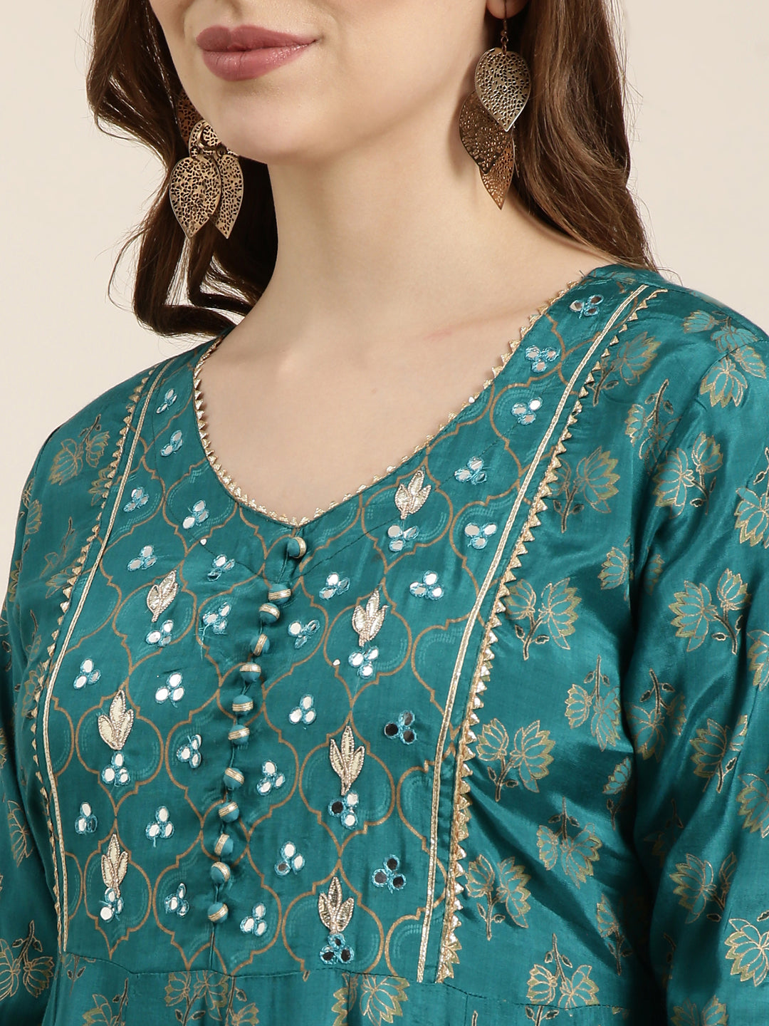 Women Anarkali Green Floral Kurta Comes with Dupatta