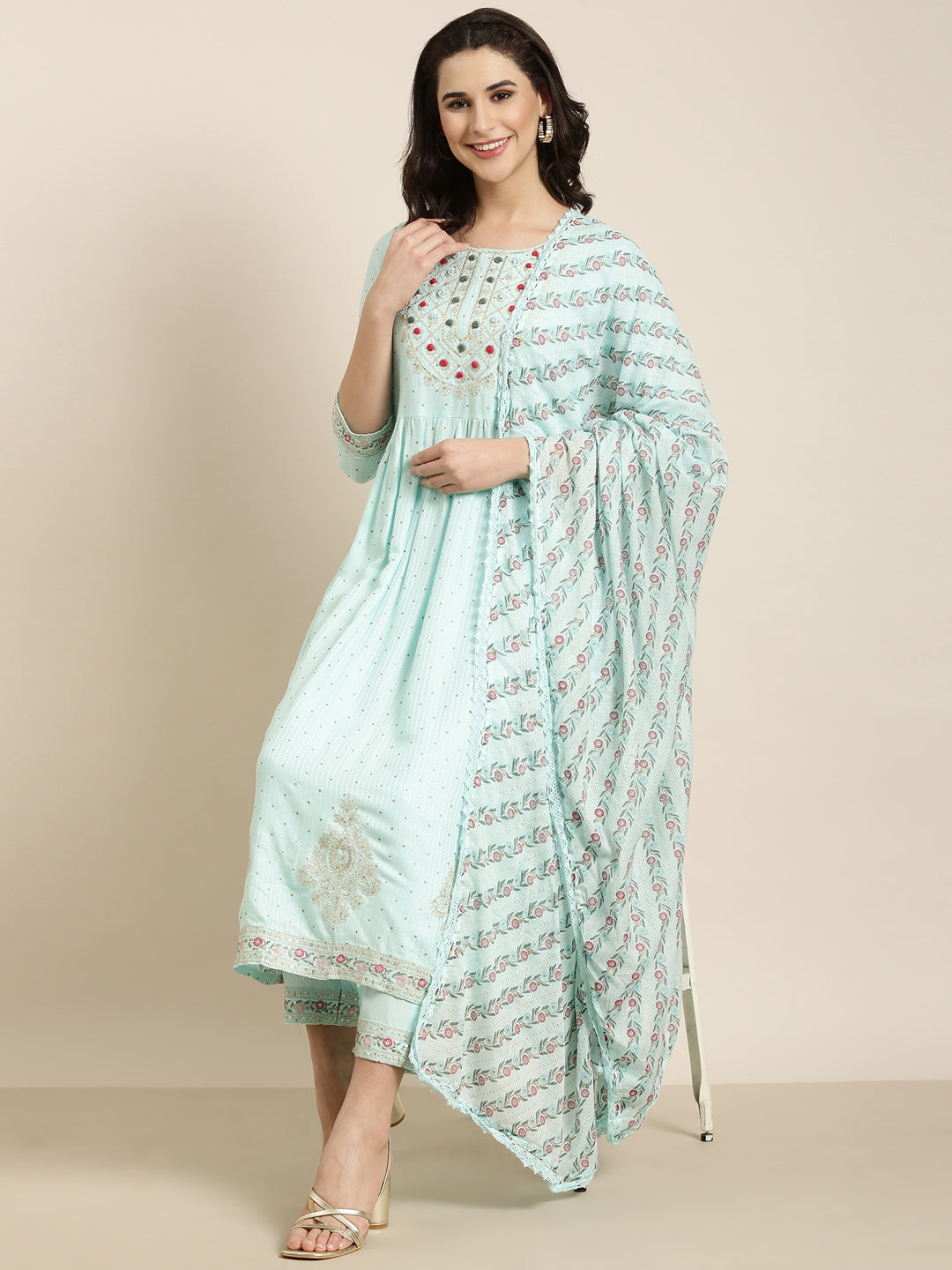 Women Straight Blue Chevron Kurta and Trousers Set Comes With Dupatta