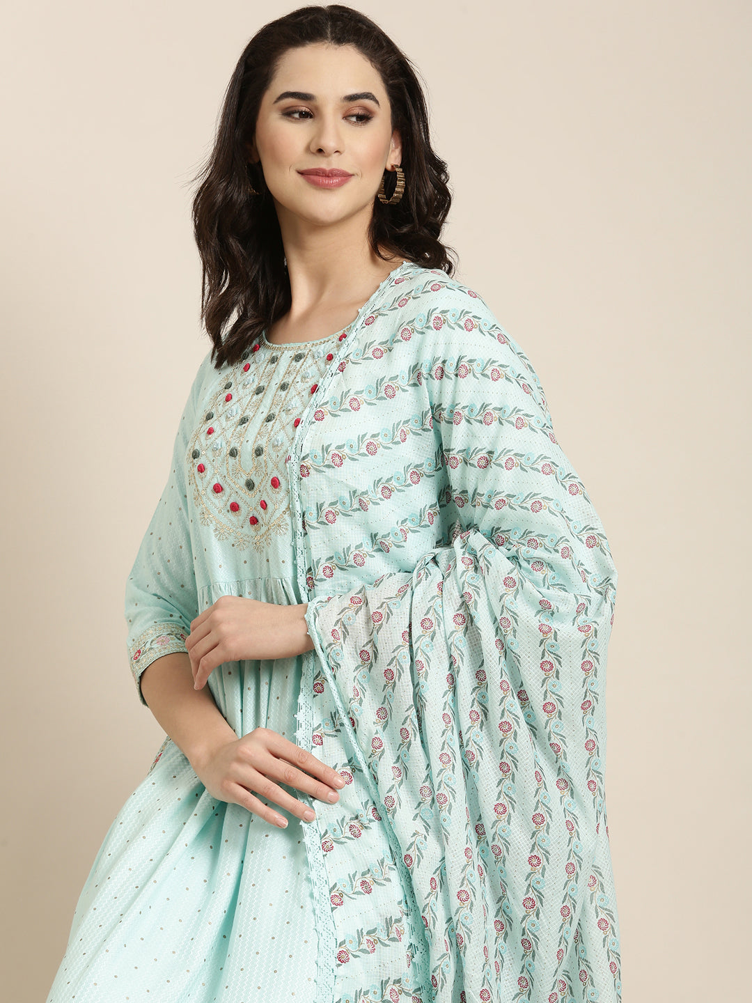 Women Straight Blue Chevron Kurta and Trousers Set Comes With Dupatta