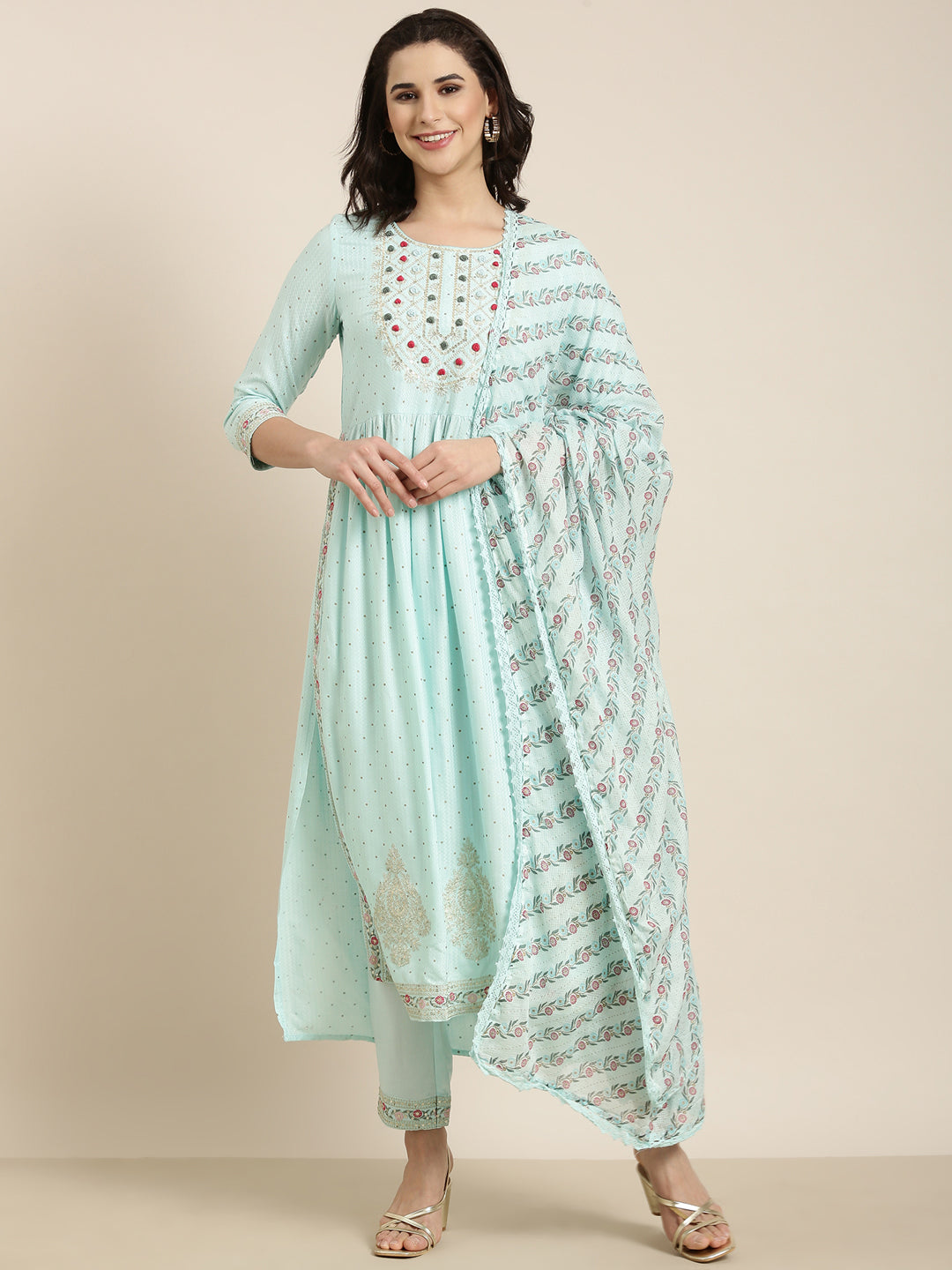 Women Straight Blue Chevron Kurta and Trousers Set Comes With Dupatta