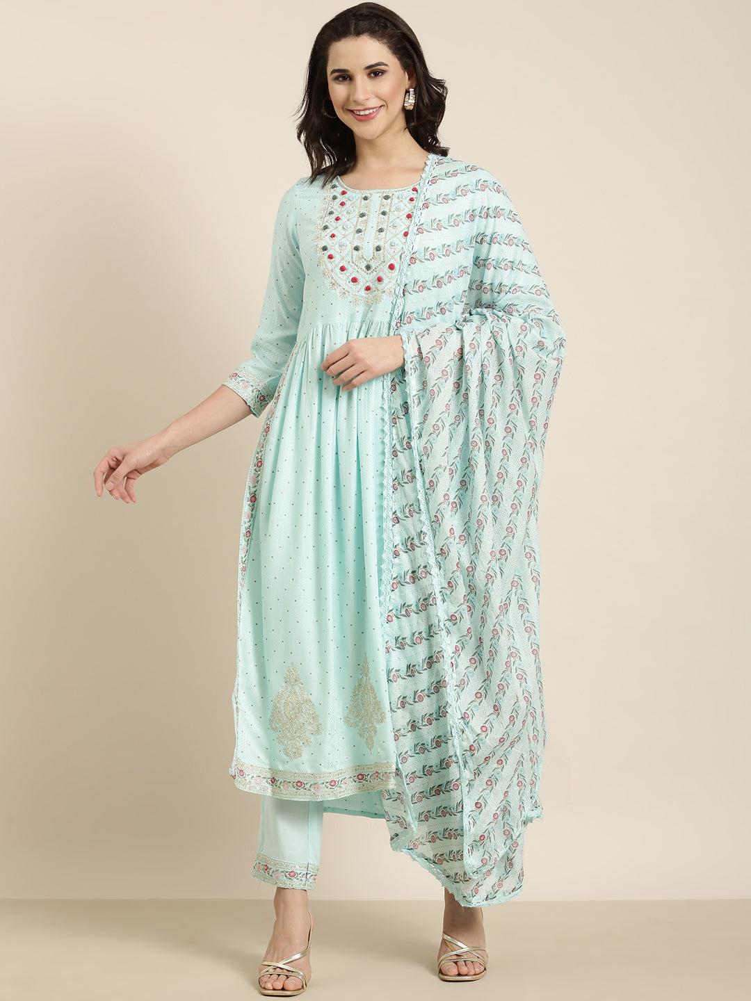 Women Straight Blue Chevron Kurta and Trousers Set Comes With Dupatta