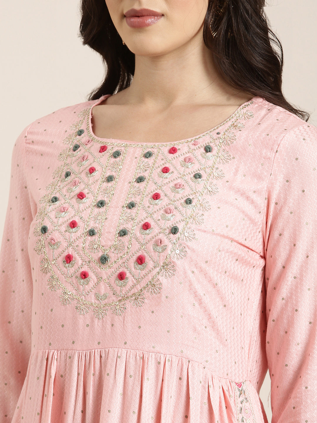 Women Straight Pink Chevron Kurta and Trousers Set Comes With Dupatta