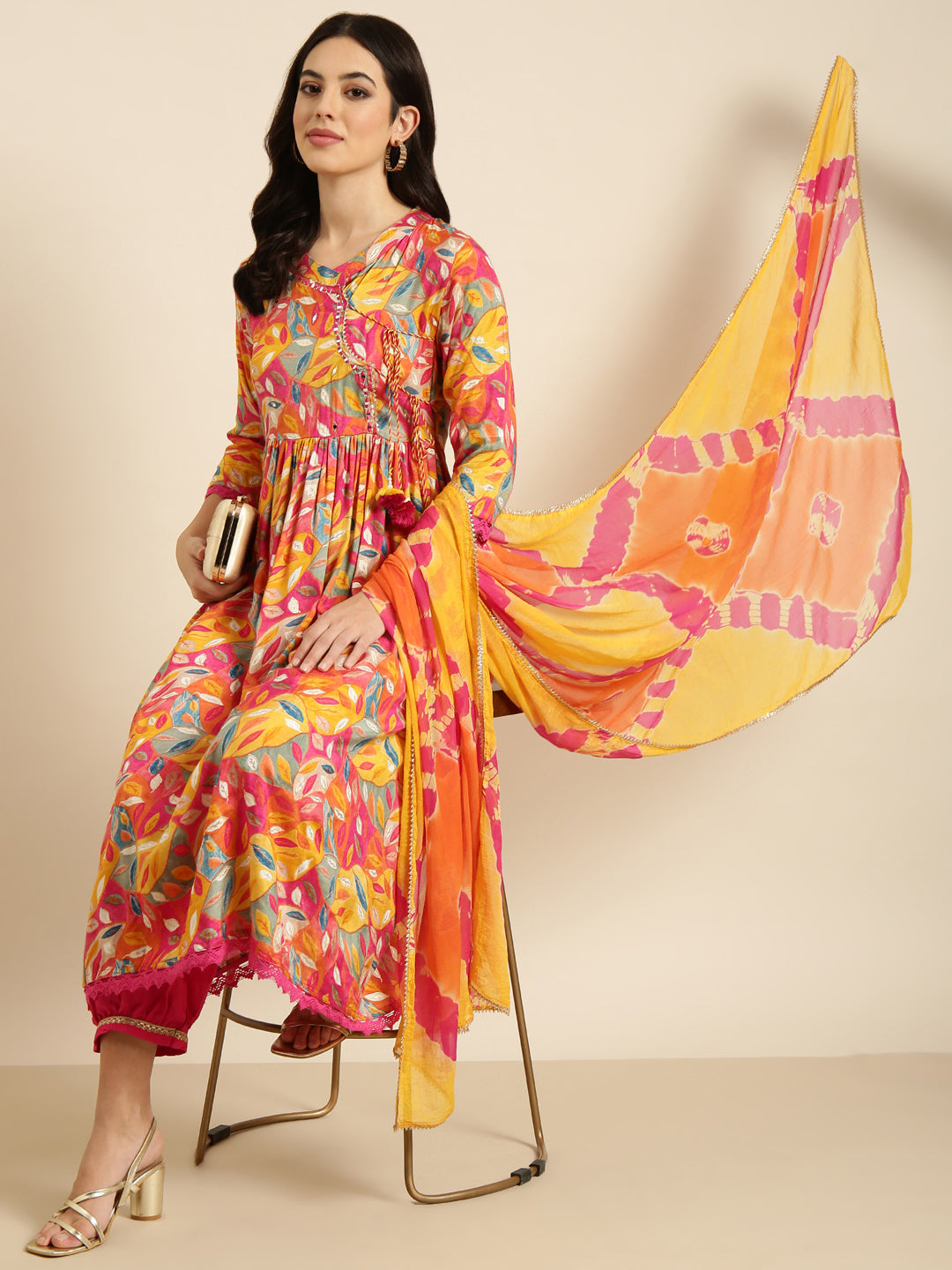 Women Anarkali Pink Floral Kurta and Trousers Set Comes With Dupatta